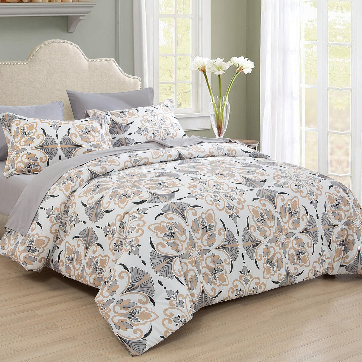 Emme Twin Comforter Set - Grey White Floral Bedding Set 5 Pcs With Geometric Flowers Pattern, Soft Plant Printed Botanical Bed S