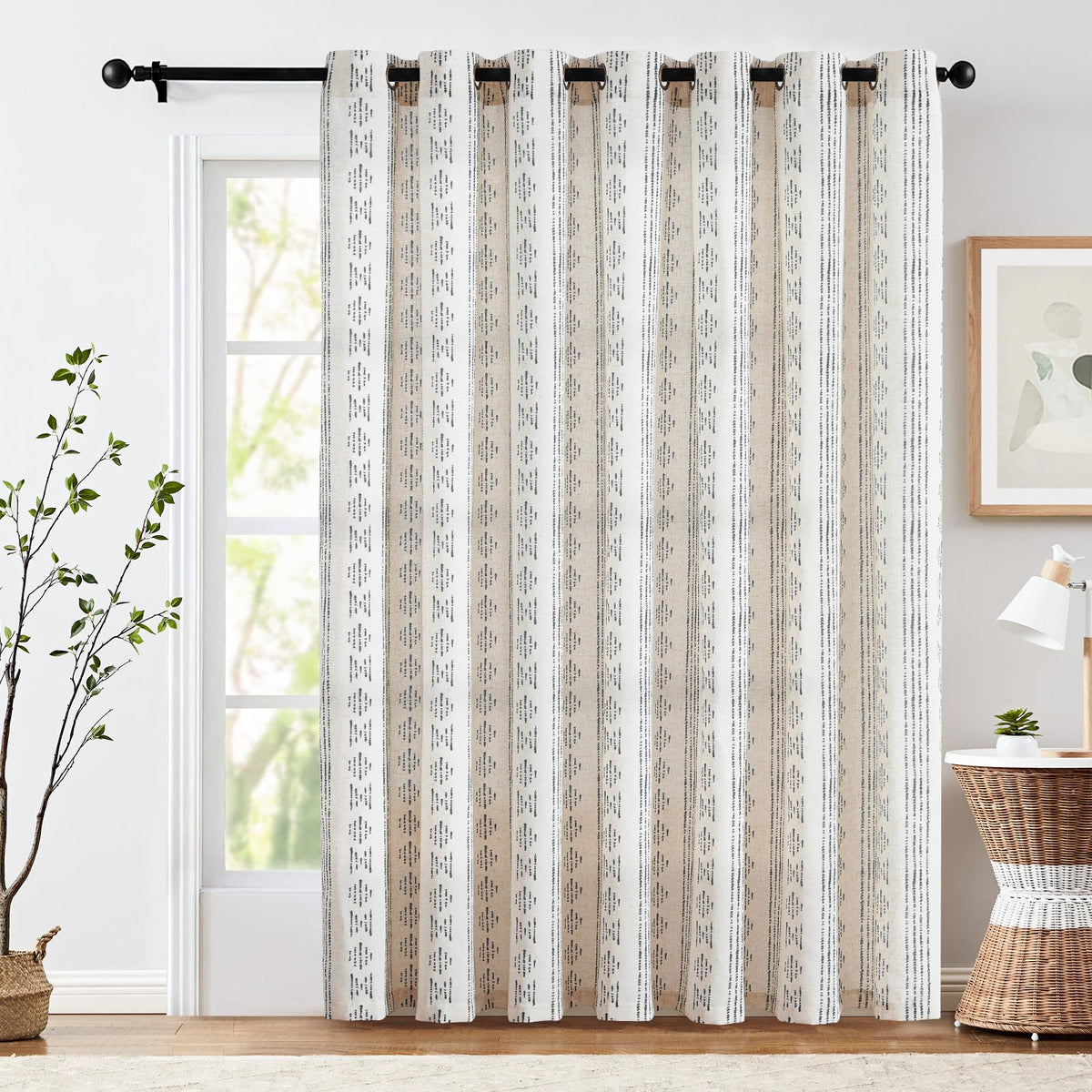 Jinchan Boho Curtains Linen Sliding Patio Door Curtains 84 Inches Long 1 Panel Divider Drapes Extra Wide Black Farmhouse Curtain