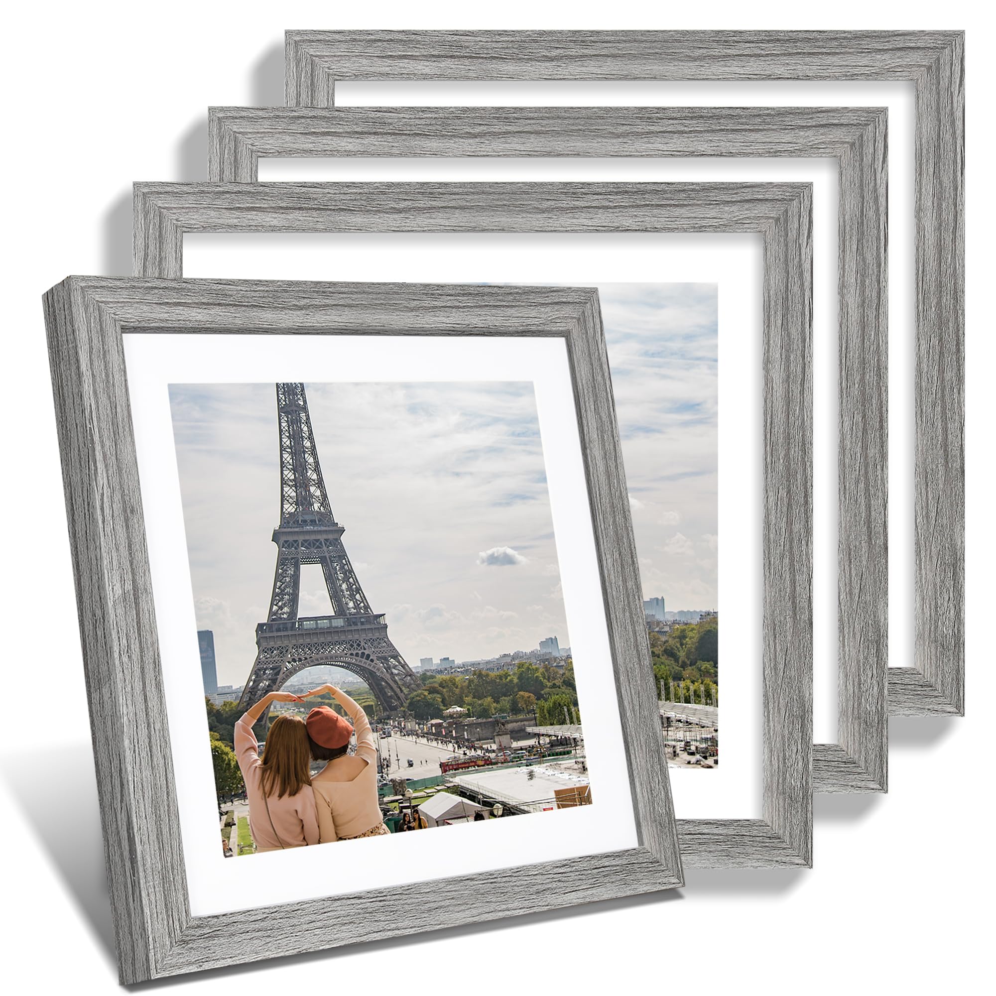 Hongkee 12x12 Picture Frame Set of 4 - Made of Glass and Grey Wooden Frame, Display Square Pictures 10x10 with Mat or 12 x 12 wi