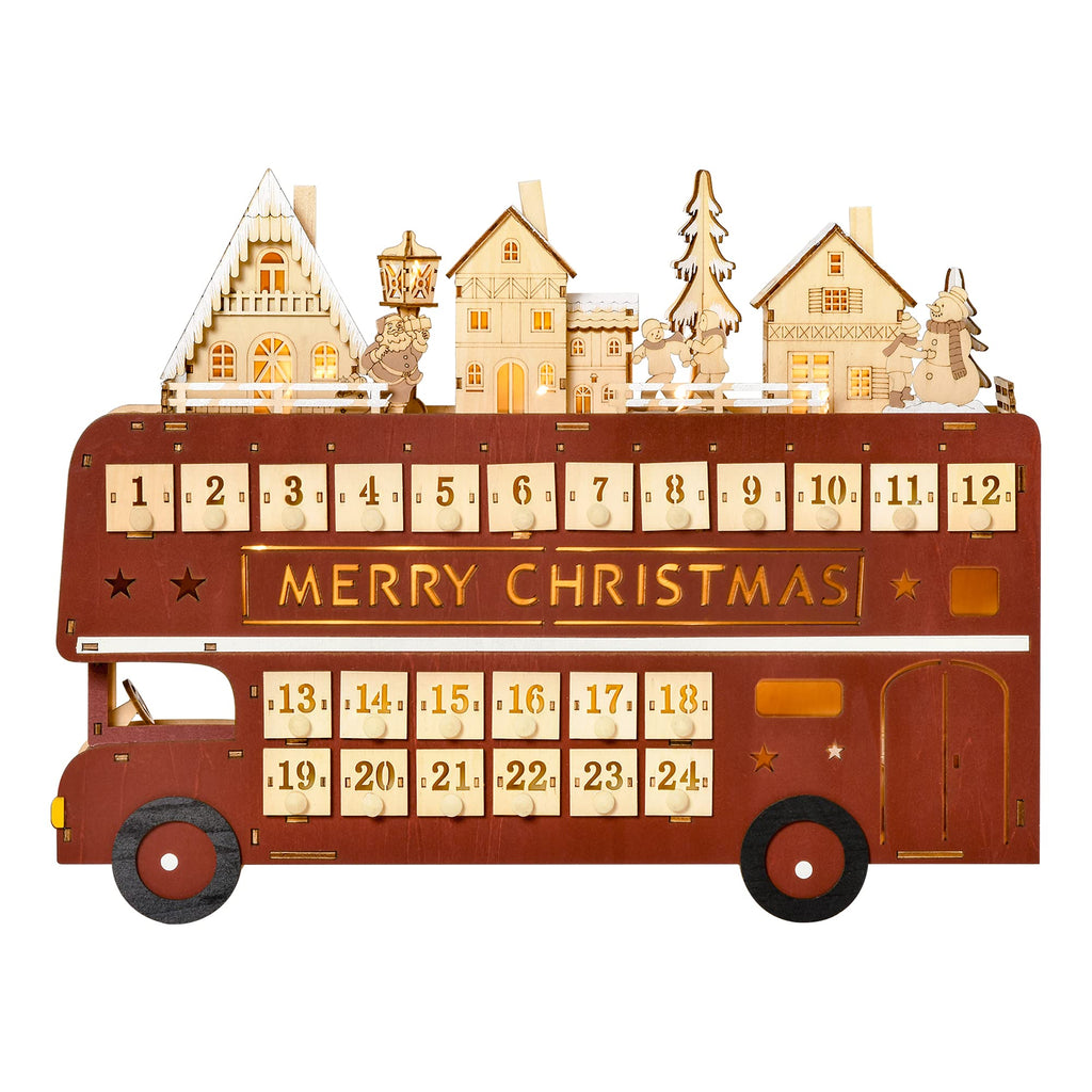 HOMCOM Christmas Advent Calendar, Light Up Table Xmas Wooden Bus Holiday Decoration with Countdown Drawer, Santa Claus Street Ho