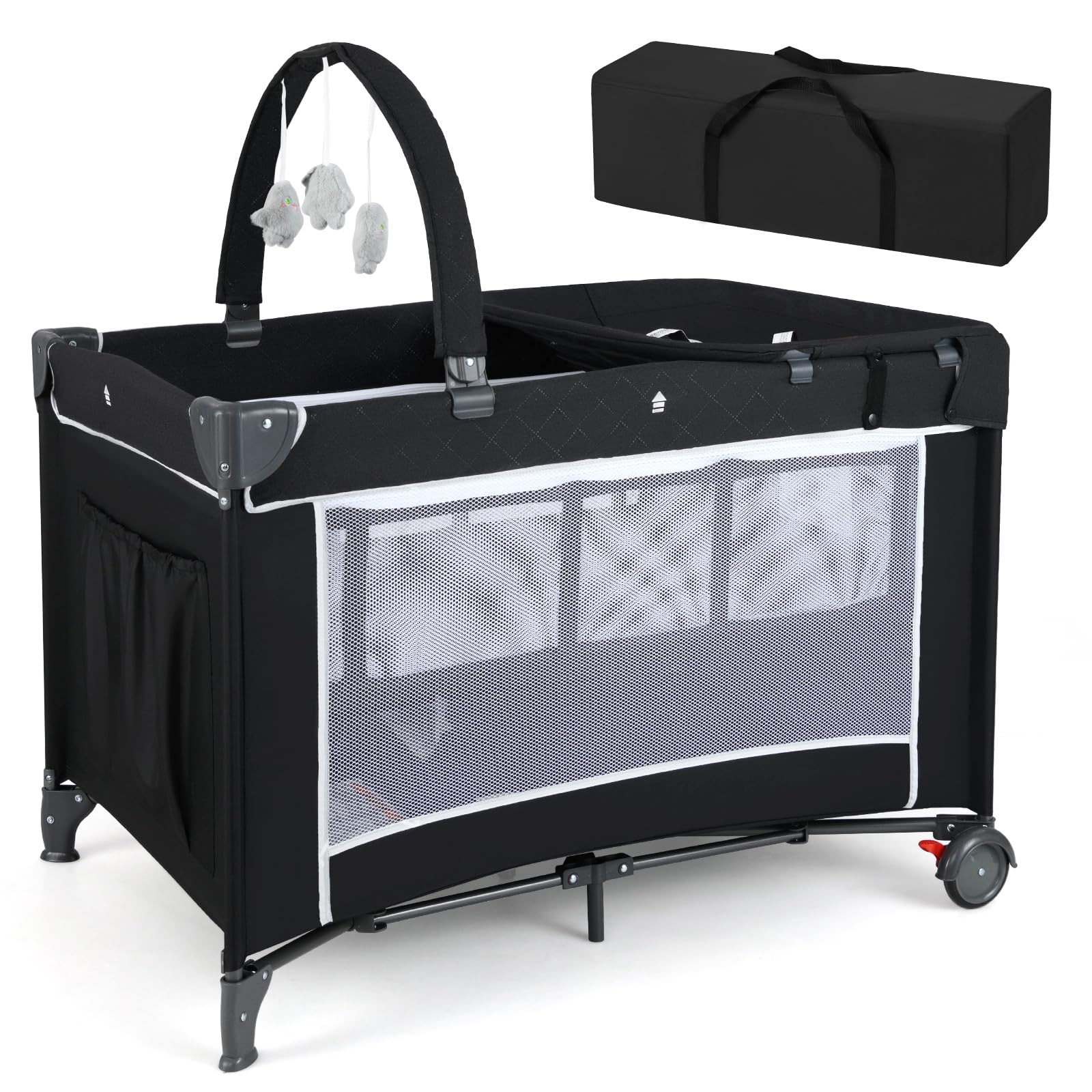 HONEY JOY Pack and Play, 4 in 1 Folding Infant Playpen with Bassinet, Quickly Assembled, Breathable Mesh Fabric, Carry Bag, Diap