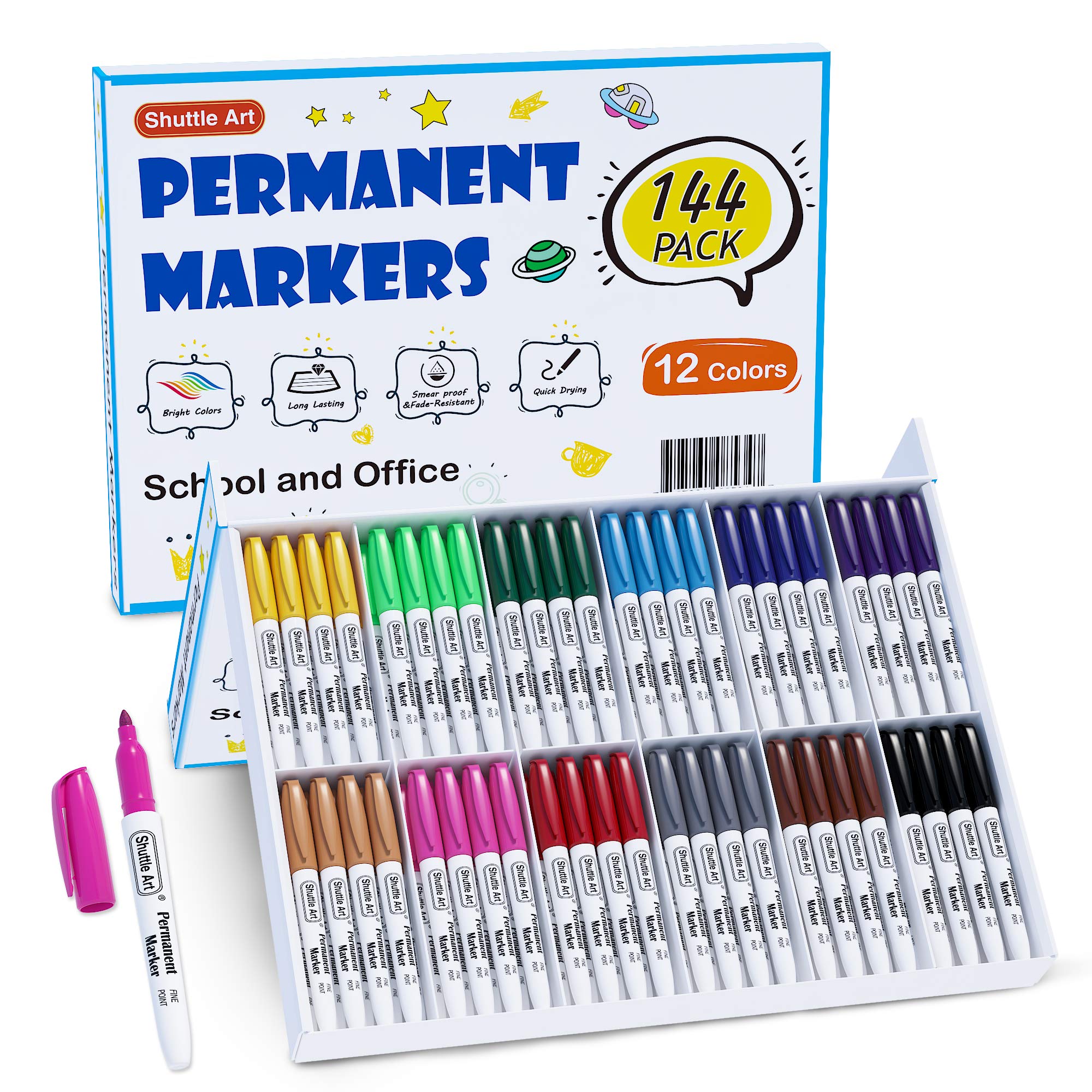 Shuttle Art 144 Pack Permanent Markers, Permanent Marker Assorted Colors, 12 Bright Colors Fine Point Permanent Markers For Kids
