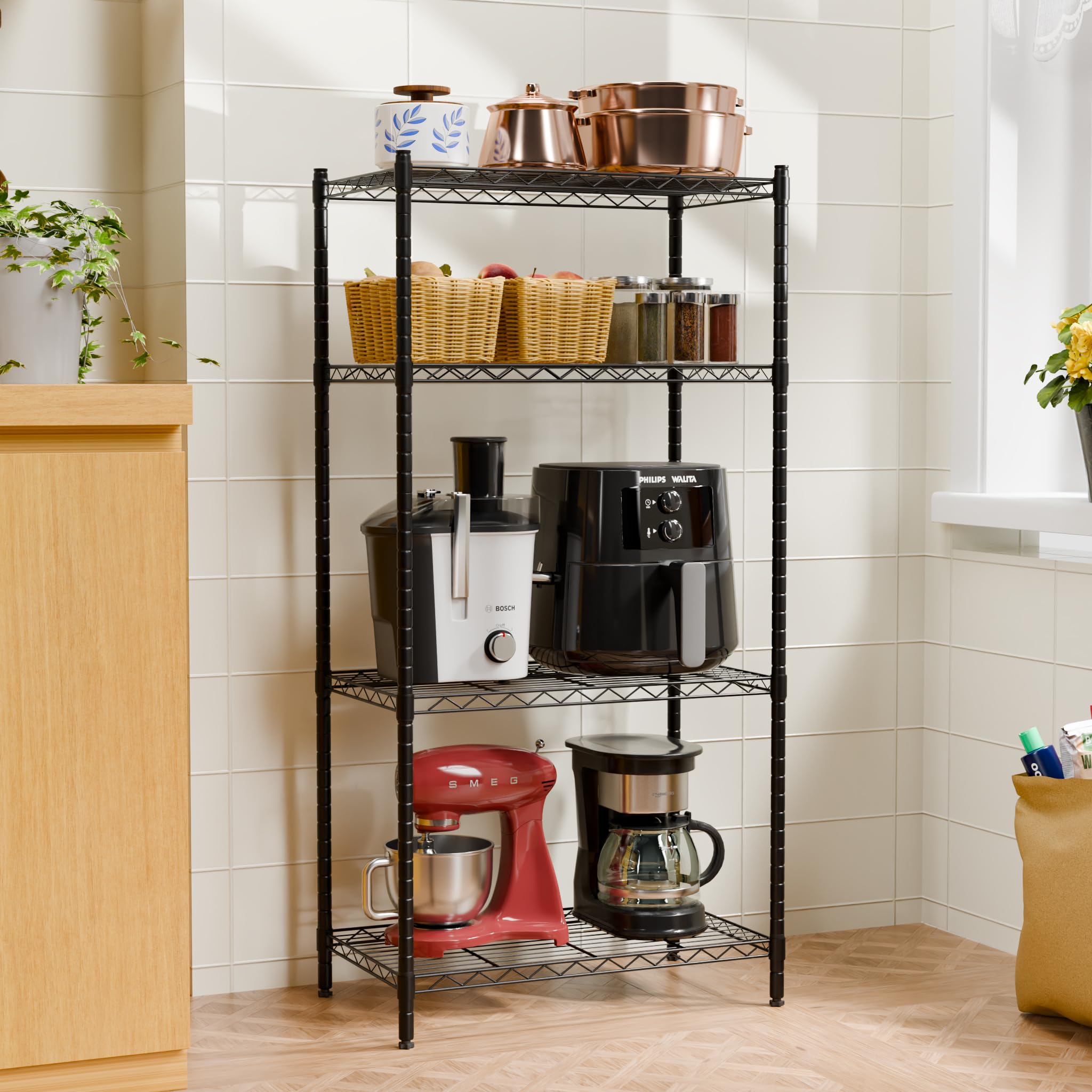 TexRo Metal Rack For Kitchen Storage  Adjustable Iron Shelf With Wheels | Heavy Duty Steel Stand For Storage Multipurpose | 4 