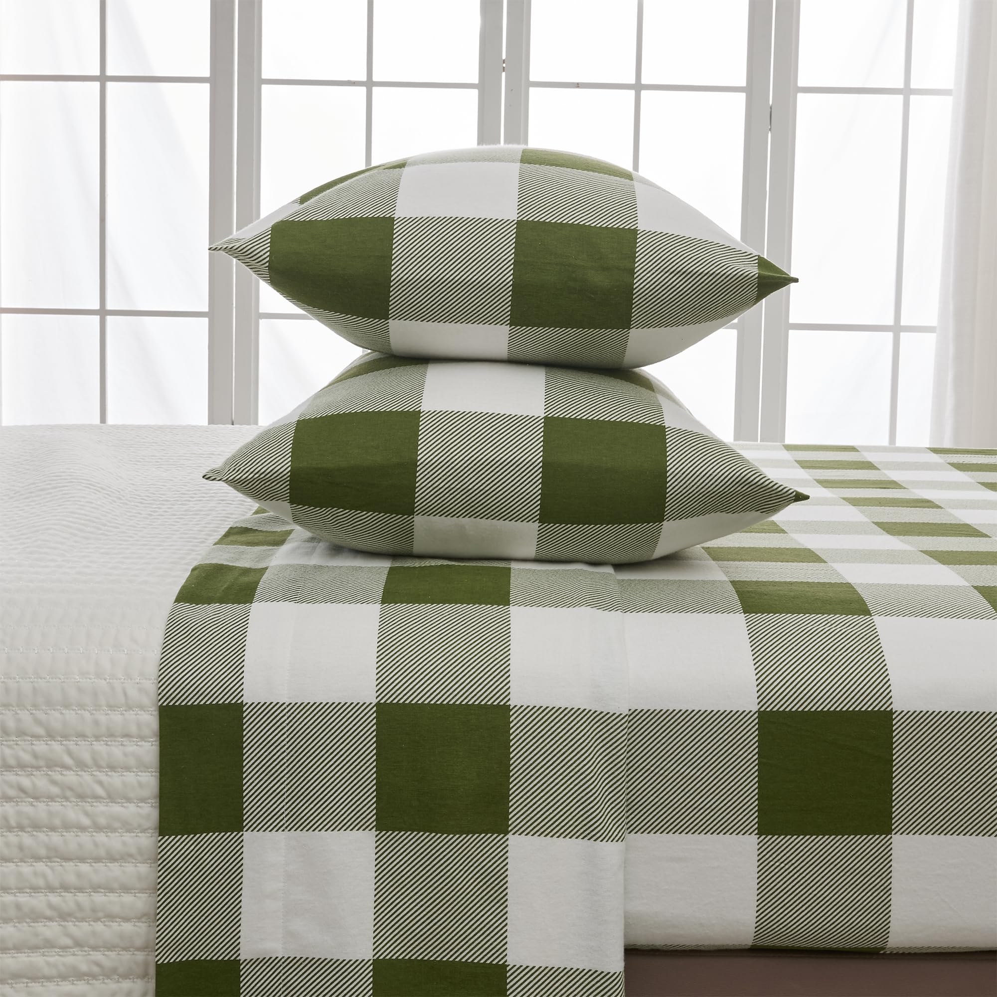 4 Piece 100% Turkish Cotton King Green Printed Flannel Sheets Set | Deep Pocket, Soft Sheets | Warm, Double Brushed Bed Sheets |