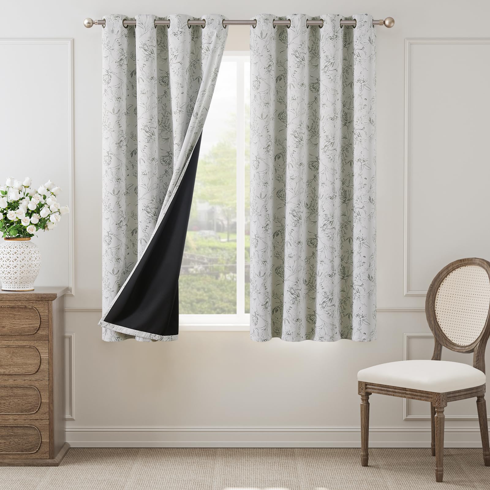 Jinchan Green Floral Blackout Curtains For Bedroom 63 Inch Length, Green Flower Patterned Curtains Blackout Thermal Insulated 10