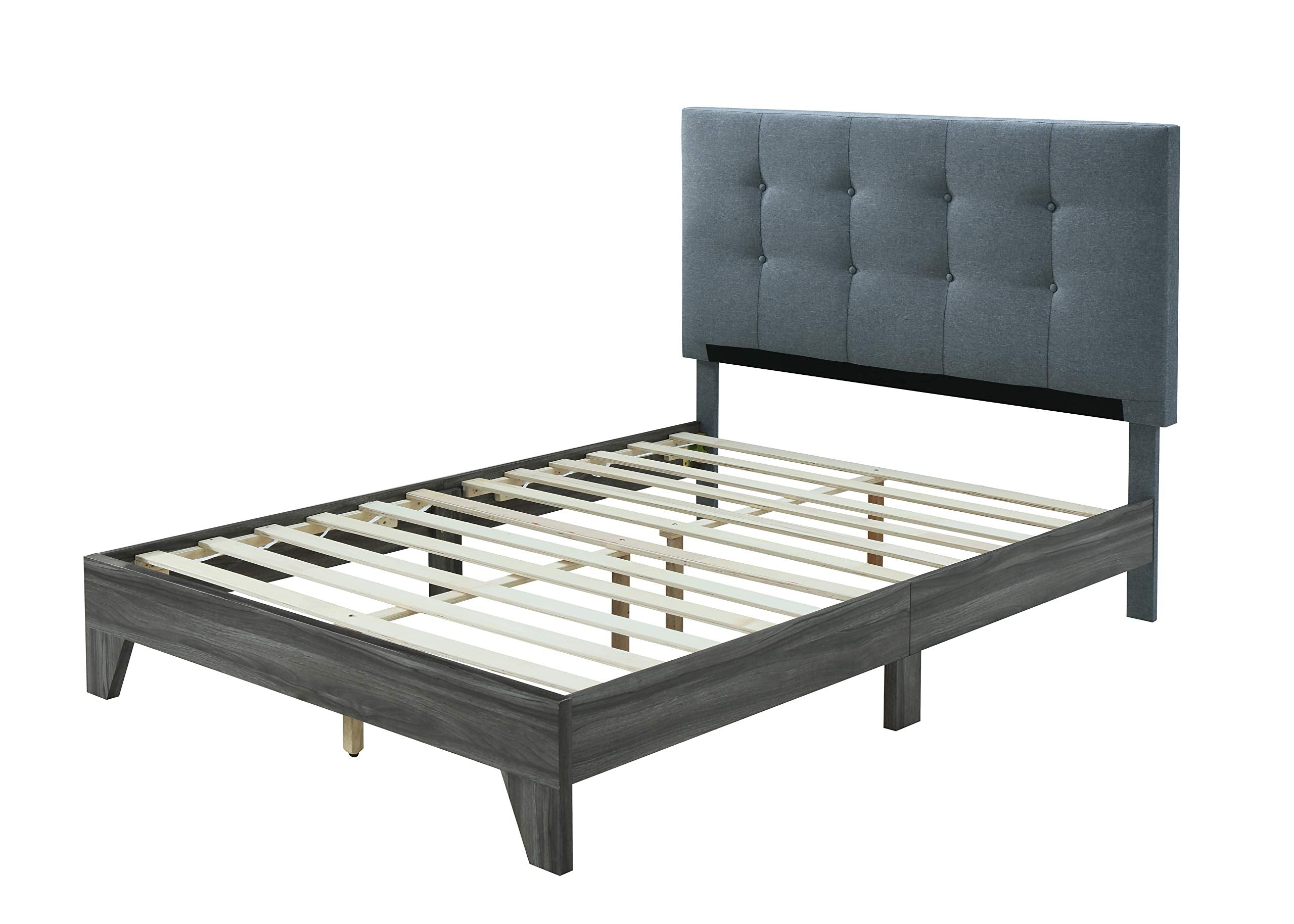 Hodedah Bed with Upholstered Headboard and Wooden Frame Platform, Queen, Grey (HI681 Queen Grey)