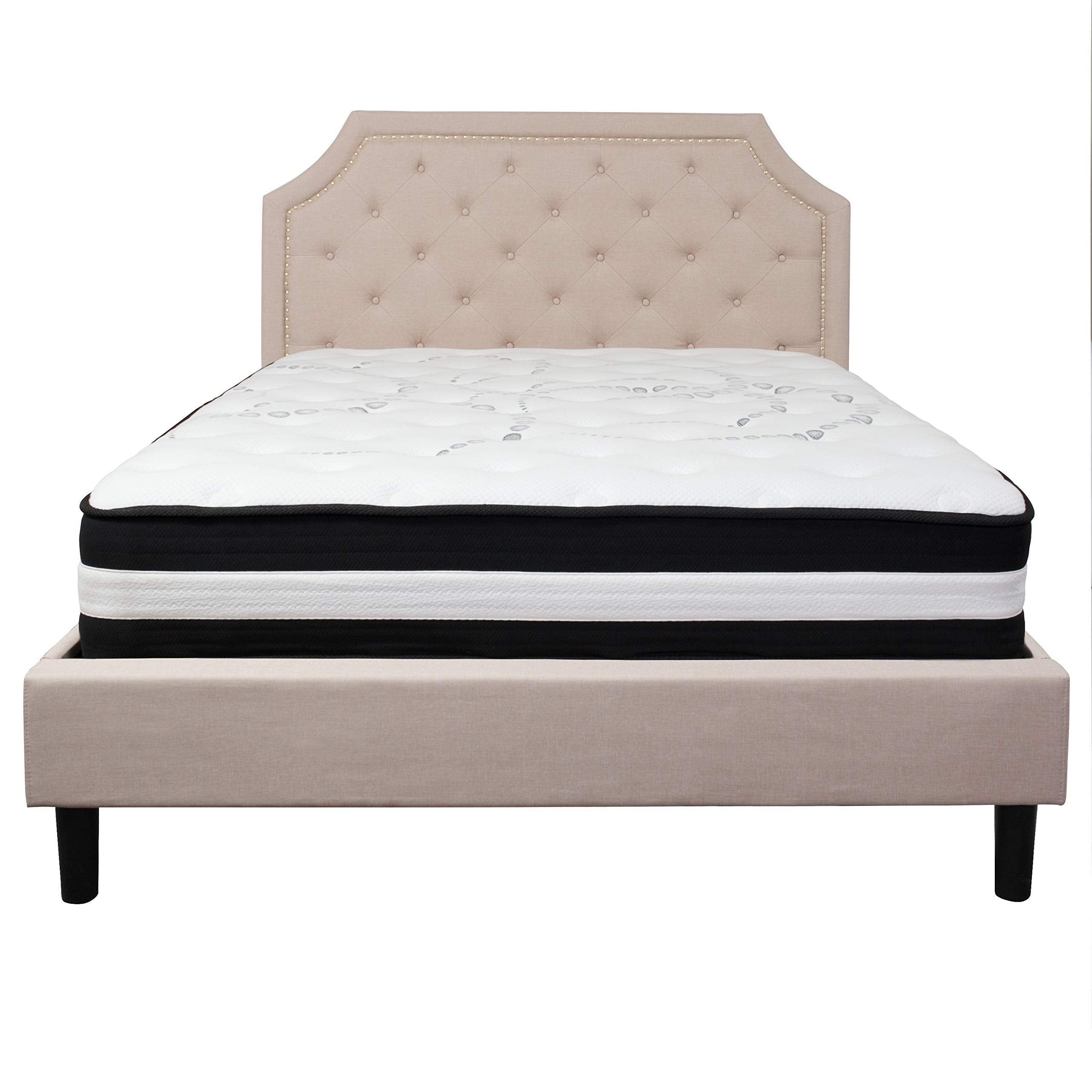 Flash Furniture Brighton Queen Size Tufted Upholstered Platform Bed In Beige Fabric With Pocket Spring Mattress