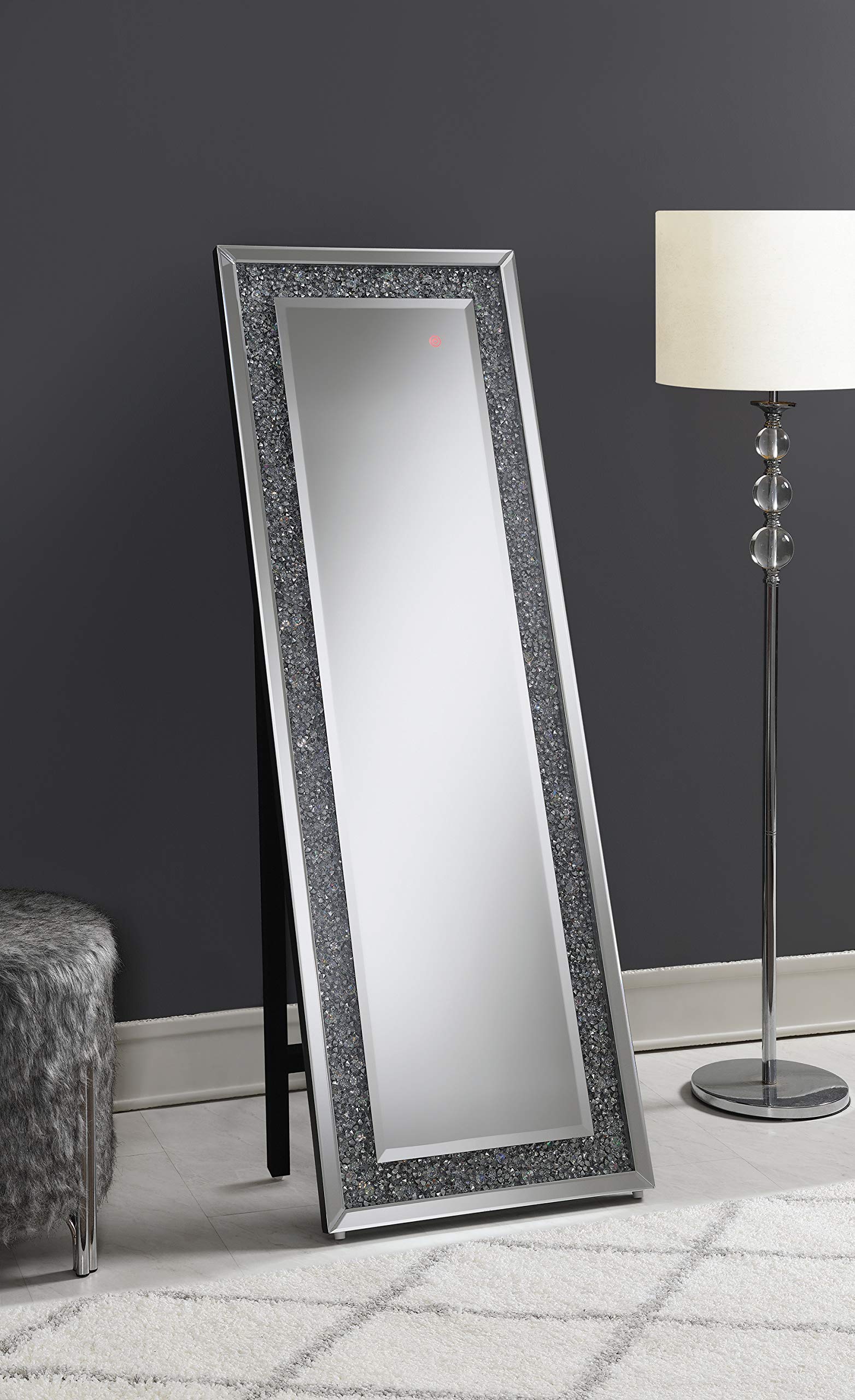Coaster Home Furnishings Rectangular Full Length Standing Floor Mirror For Bedroom Or Entryway With Led Lighting Acrylic Crystal Inlay Silver 961427