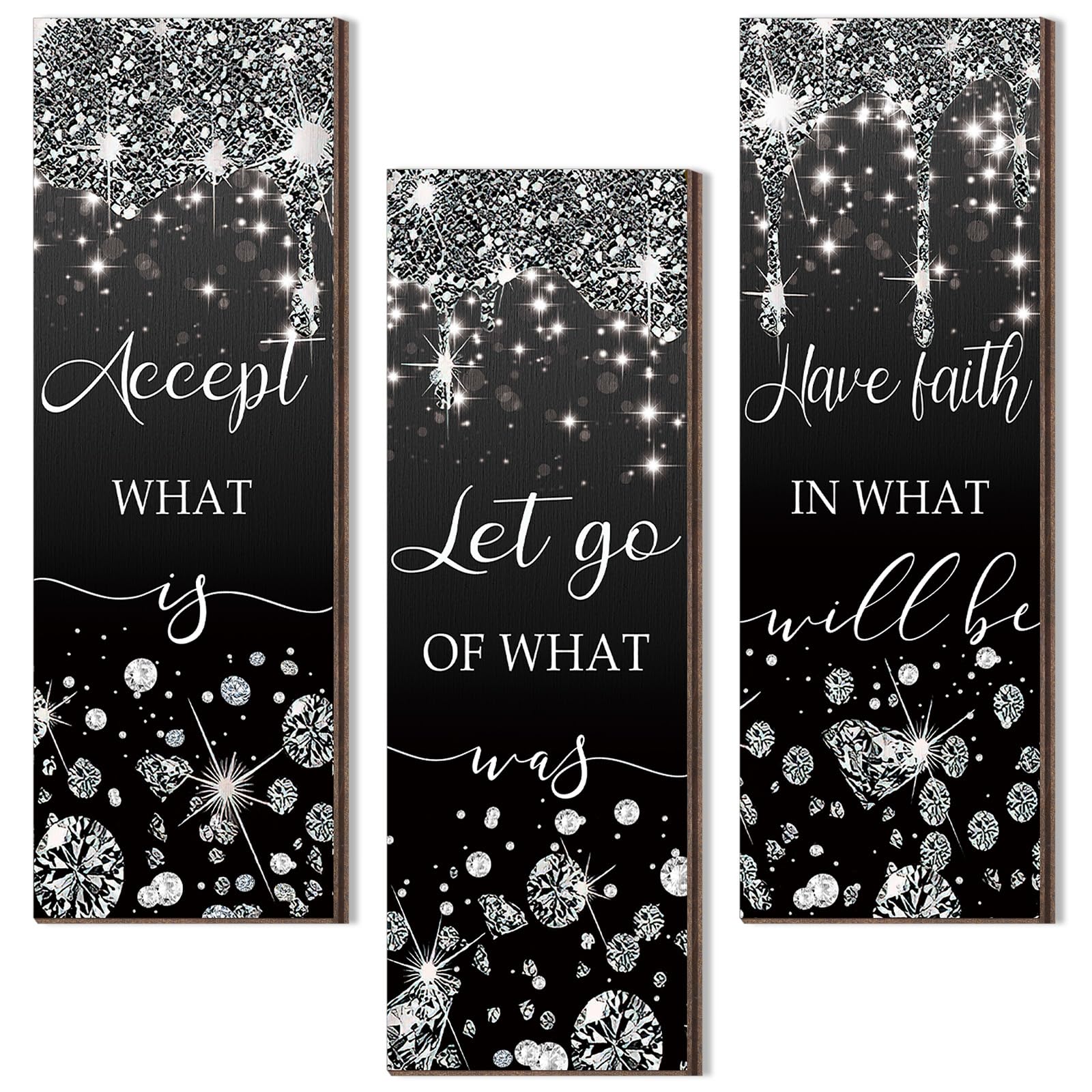 Domensi 3 Pcs Glitter Diamond Bathroom Wall Decor Wooden Accept Let Go Have Faith Wall Art Bathroom Decor Black Silver Shiny Dri