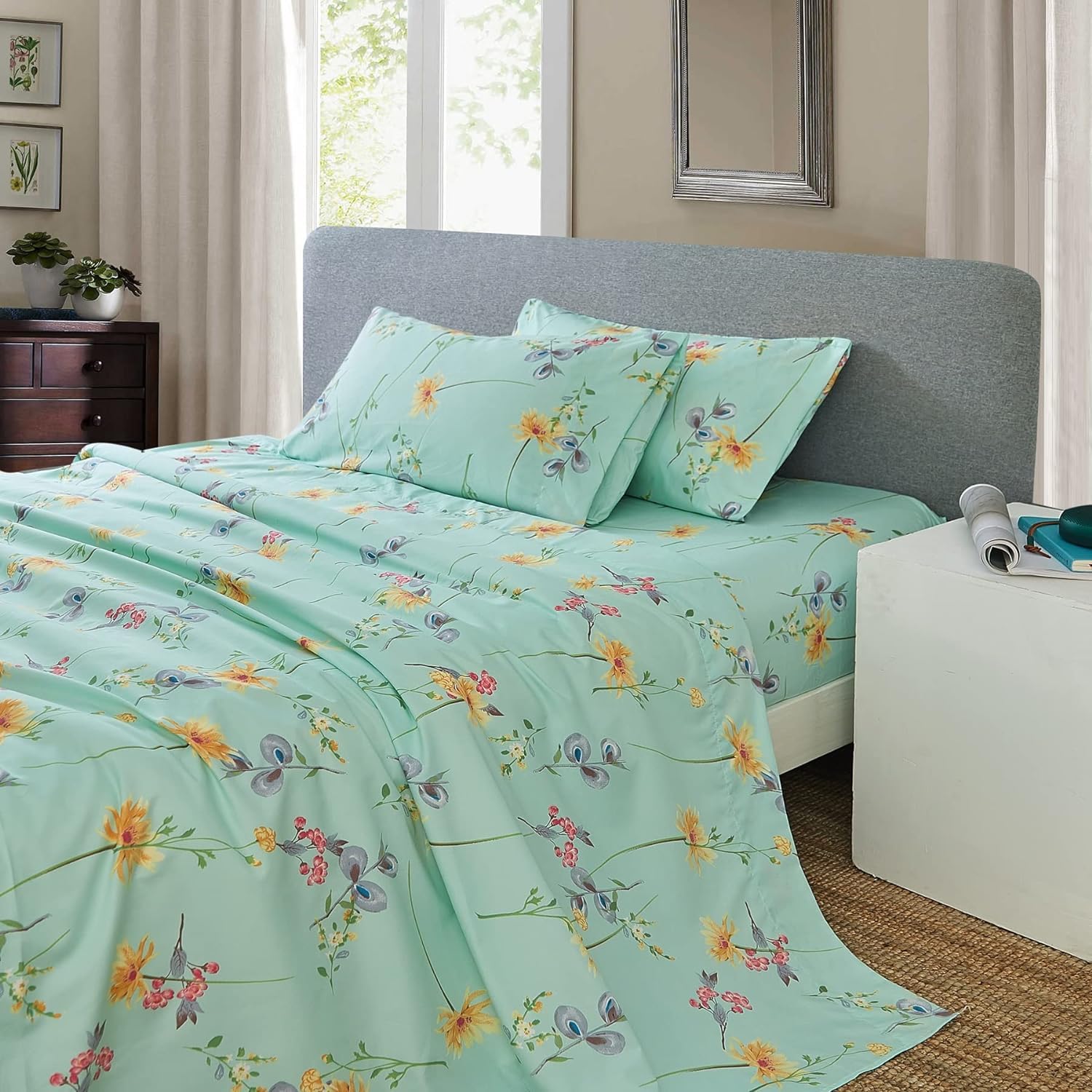 Jsd Green Floral Printed Sheet Set Cal King, 4 Piece Soft Botanical Microfiber Sheets Extra Deep Pocket