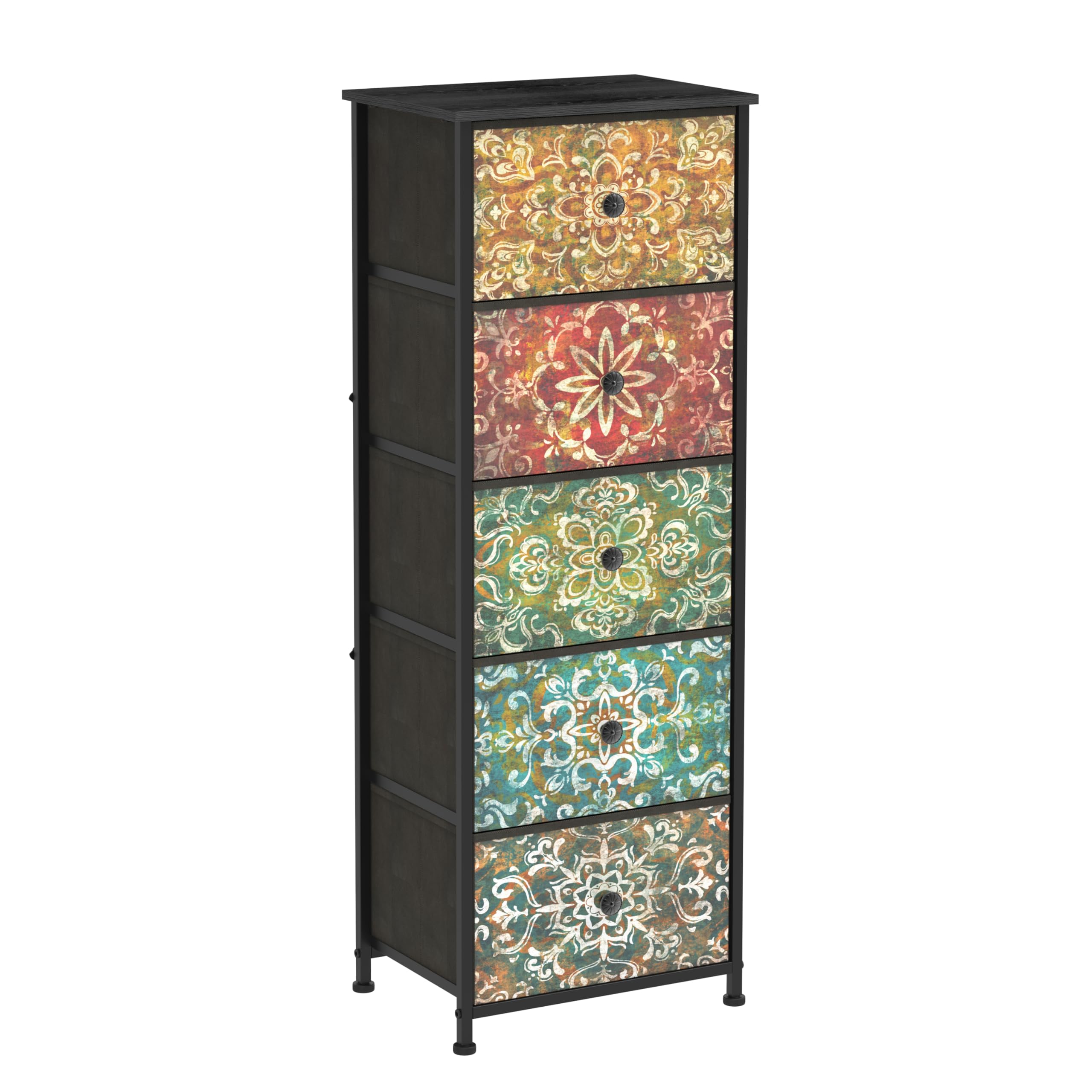 GiftGo Retro Dresser with Fabric Drawers Boho Mandala Flower Chest of Drawers Narrow Storage Tower for Small Spaces Gaps Bedroom