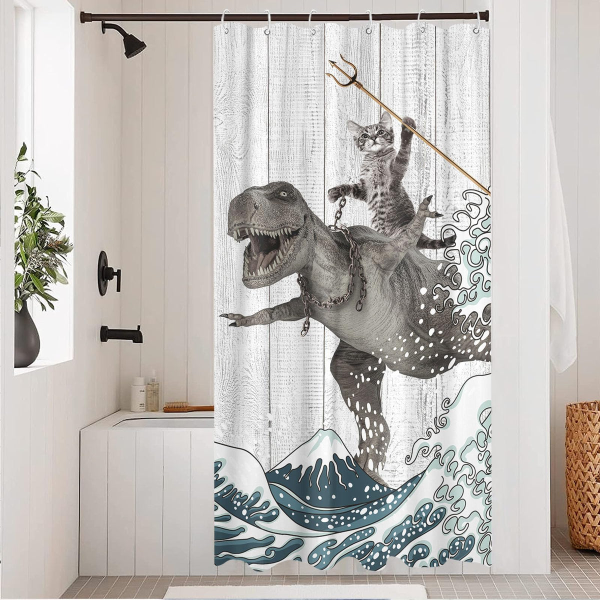 Fungarth Funny Cat Shower Curtain Dinosaur Ocean Sea Wave Shower Curtains For Bathroom Cool Waterproof Fabric Rustic Wooden Farm