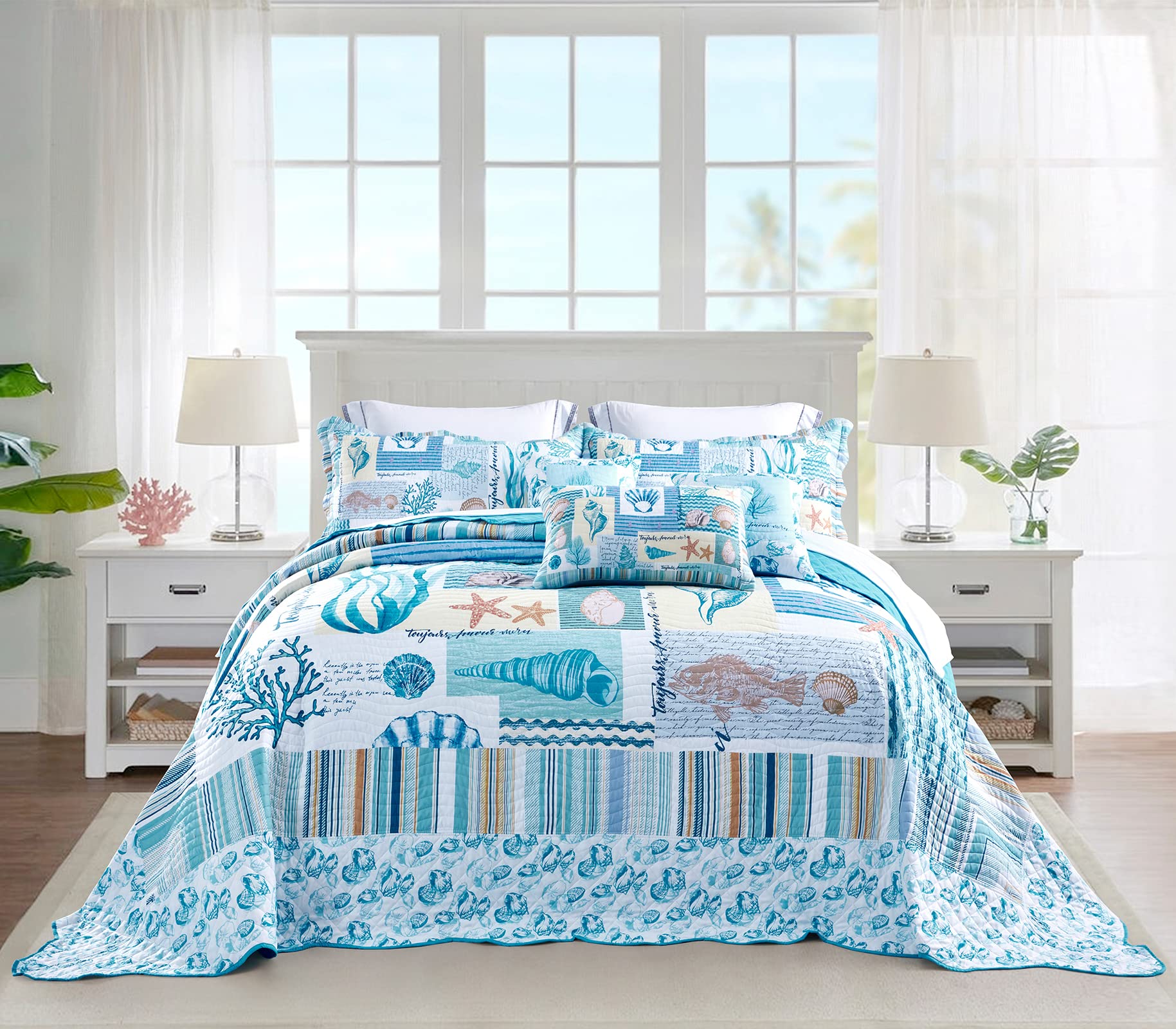Hz & Hy Coastal Oversized King Bedspread 128X120 Extra Wide, Lightweight Beach Bedding Nautical Quilt, Real Stitching, Reversibl