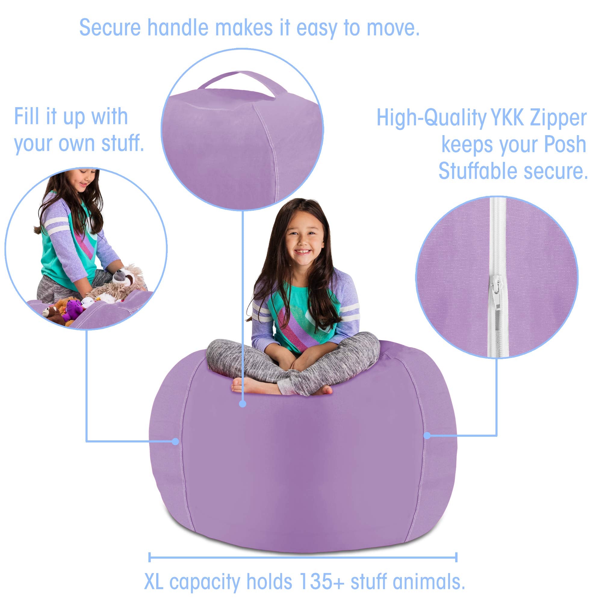 Posh Stuffable Kids Stuffed Animal Storage Bean Bag Chair Cover - Childrens Toy Organizer, X-Large 48' - Heather Lavender
