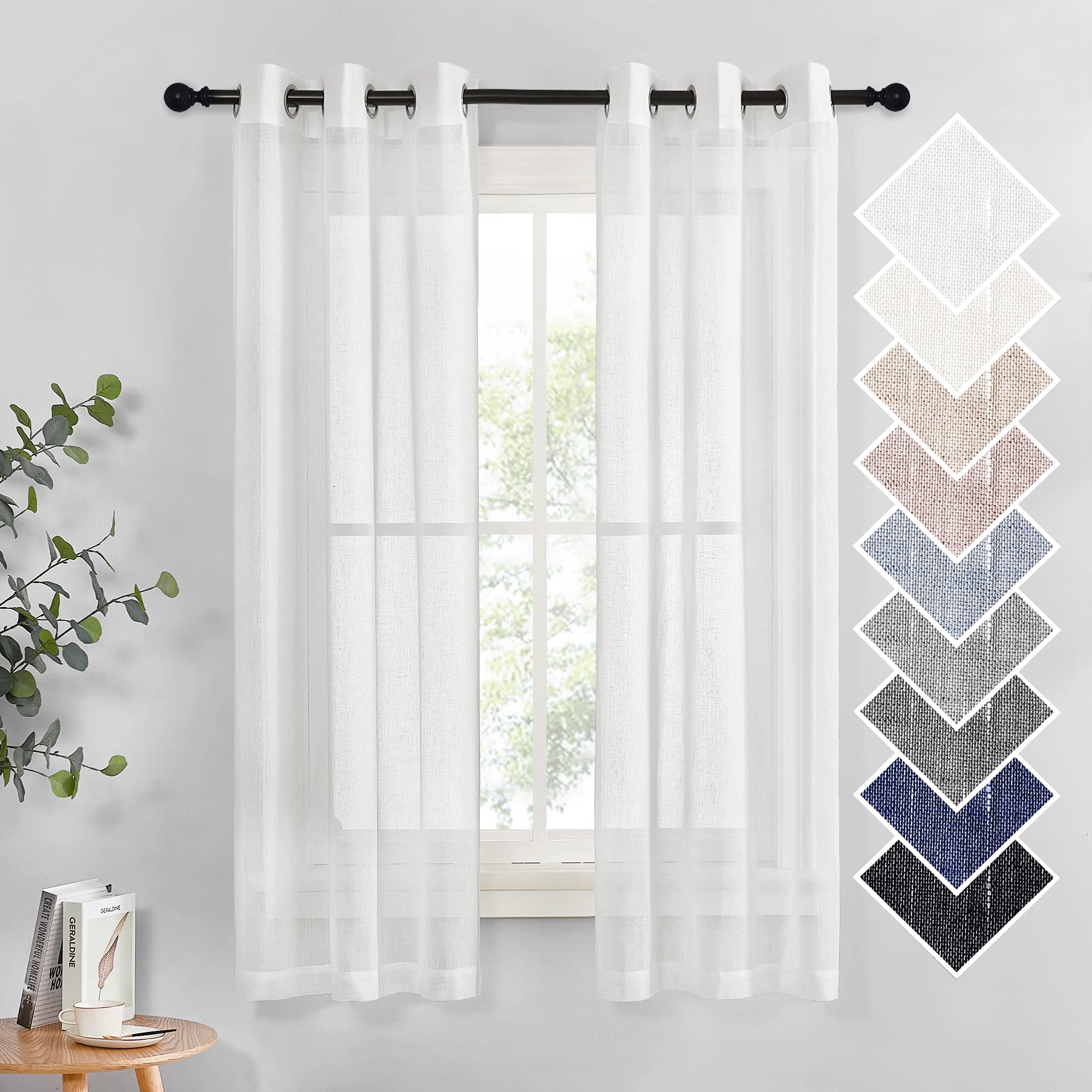 Nicetown Linen Sheer Curtains Flax Texture For Bedroom Windows, Grommet Semi Sheer Vertical Drapes Privacy With Light Filter For