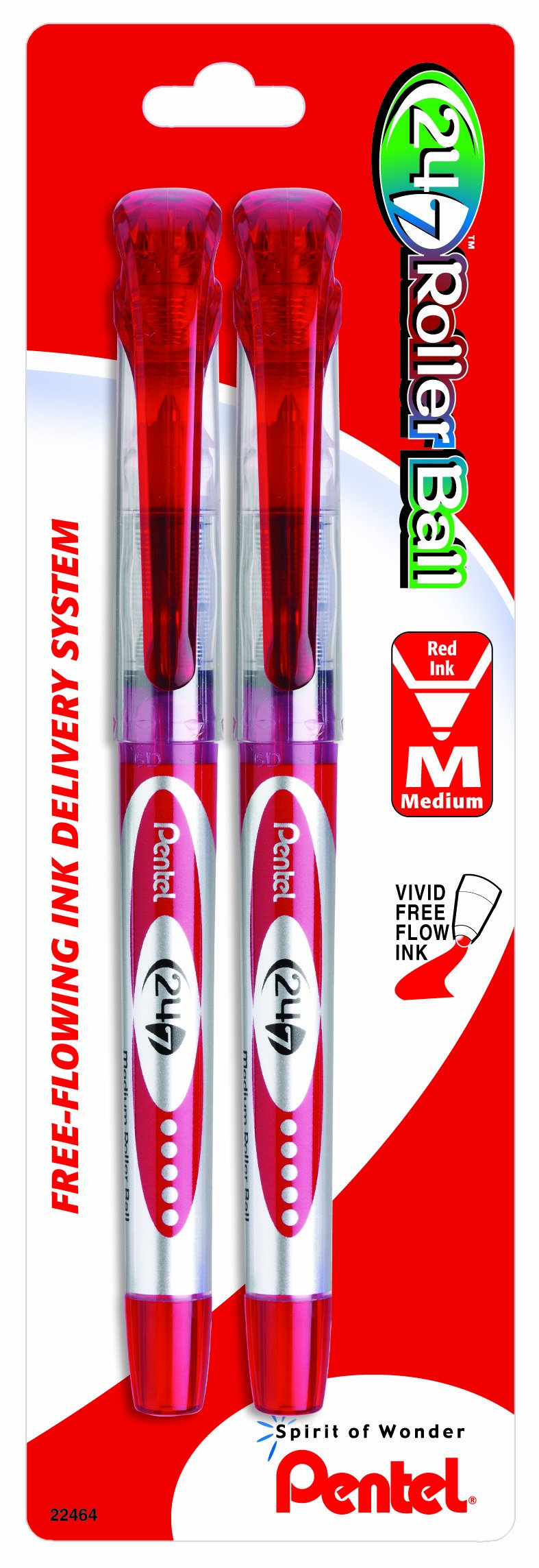Pentel 24/7 Roller Ball Pen, Medium Line, Red Ink, 2 Pack (Bld97Bp2B)