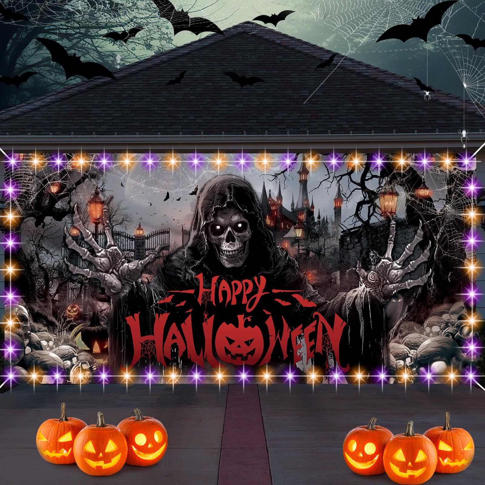 Fuweave Halloween Garage Door Banner Cover With Led String Light Battery Box Outdoor Large Halloween Garage Door Decors Skull Gh