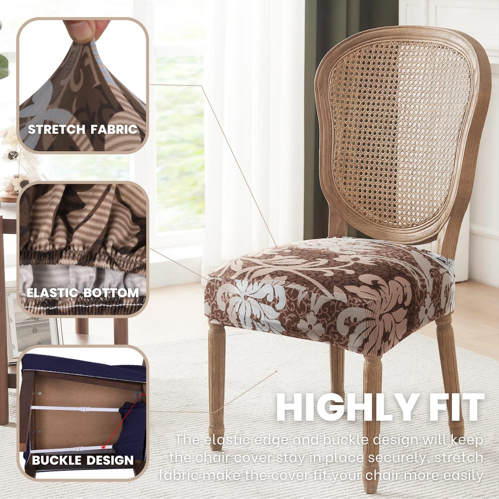 Searchi Stretch Dining Chair Seat Covers Set Of 8, Soft Removable Washable Seat Covers For Dining Chairs, Dining Room Seat Cover Slipcover Protector (Rear-Covered, Brown)