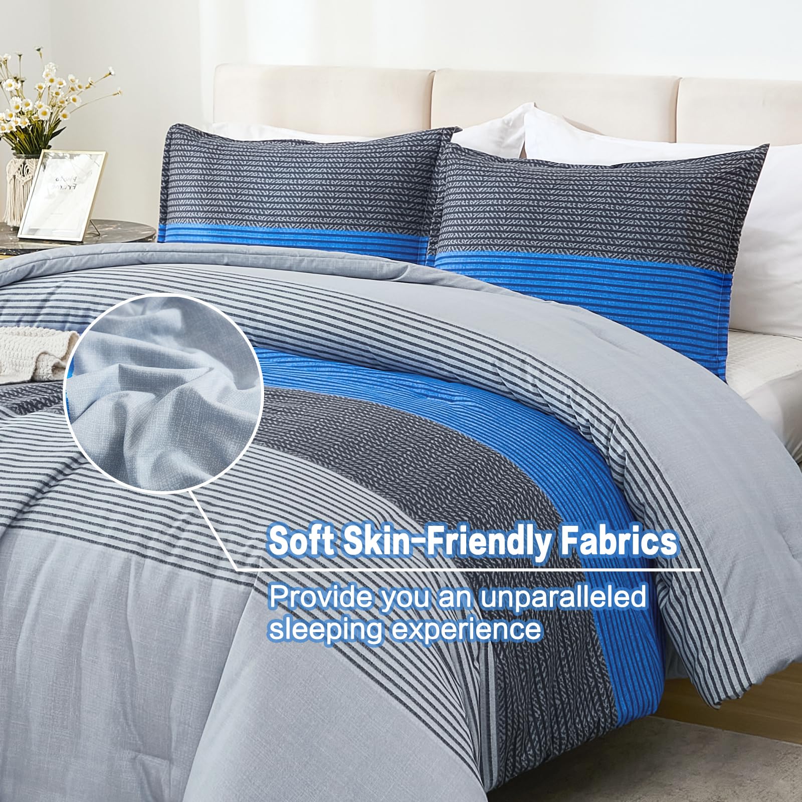 Litanika Blue Grey Bed Comforter Twin Set, Xl Twin Comforter Boys Men Striped Bedding Comforter Set, 2 Pieces Lightweight Soft A