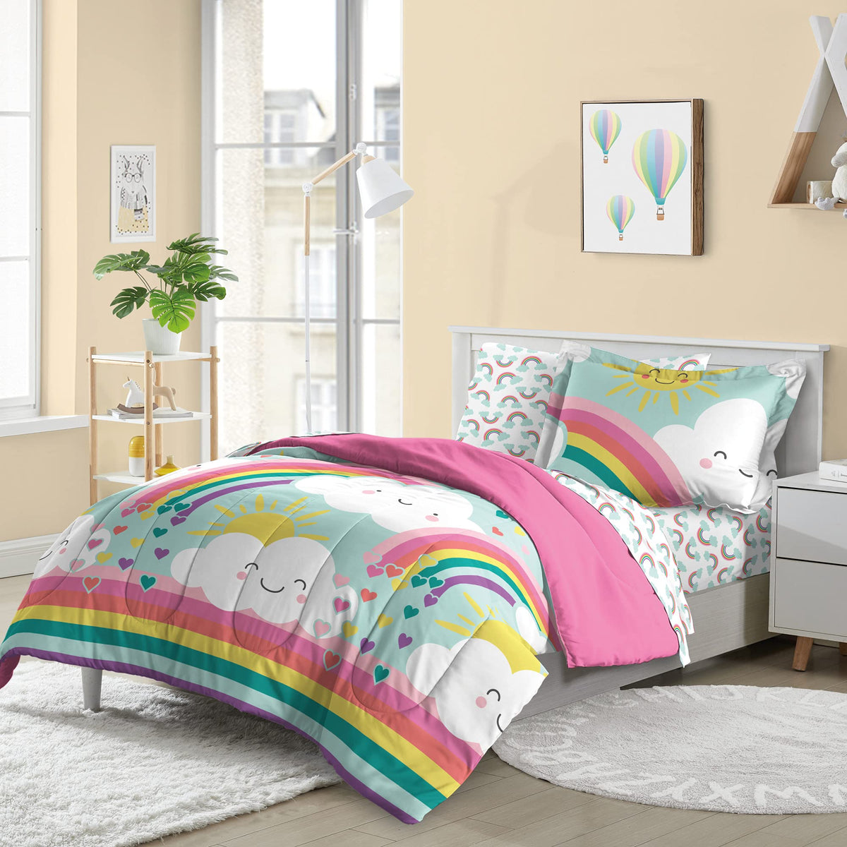 Dream Factory Kids 5-Piece Complete Bed Set Easy-Wash Super Soft Microfiber Comforter Bedding, Twin, Teal Rainbow Flare, (2D8725