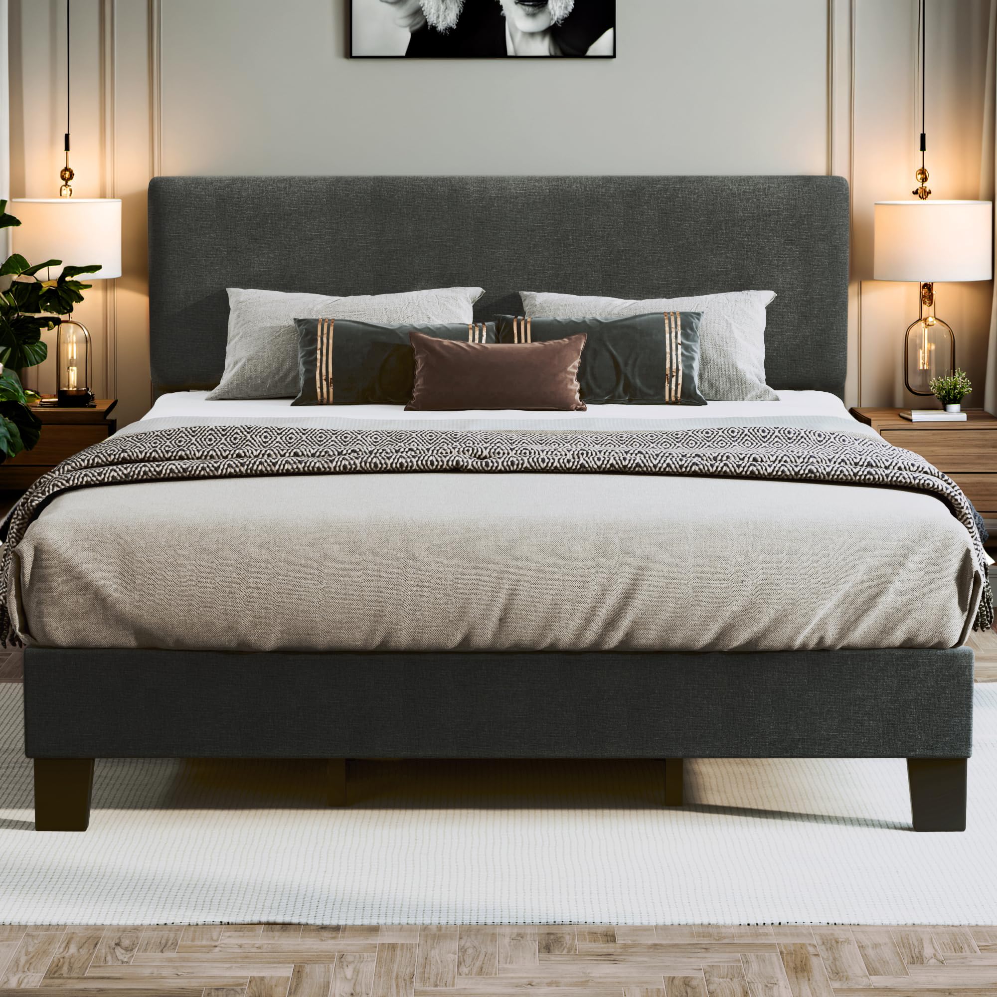Fluest King Bed Frame With Adjustable Headboard Upholstered Bed Frame Platform Linen Fabric Headboard Wooden Slats Support/No Box Spring Needed/Easy Assembly/Mattress Foundation, Grey
