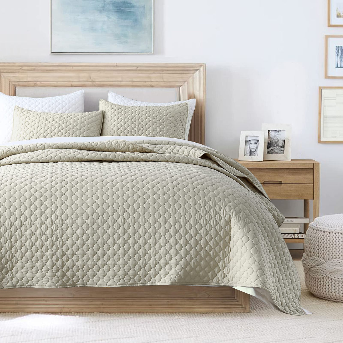 Quilt Set Twin Size Beige Bedspread, Modern Style Quilted Clouds Pattern Soft Coverlet Set Lightweight Microfiber Quilted Bedspr