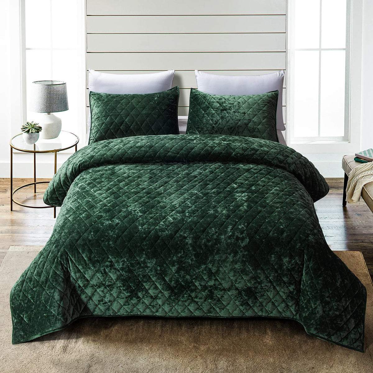 Fredsure Distressed Velvet Quilt Set, 3 Pieces Blackish Green King, Distressed Velvet Face And Brushed Microfiber Reverse With D