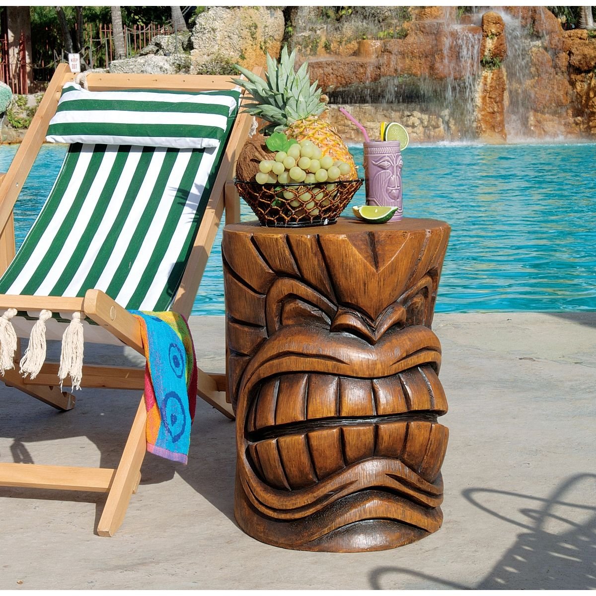 Design Toscano Tiki Kanaloa Side Table Statue, Cast Stone Resin, Woodtone Finish, 20 inch