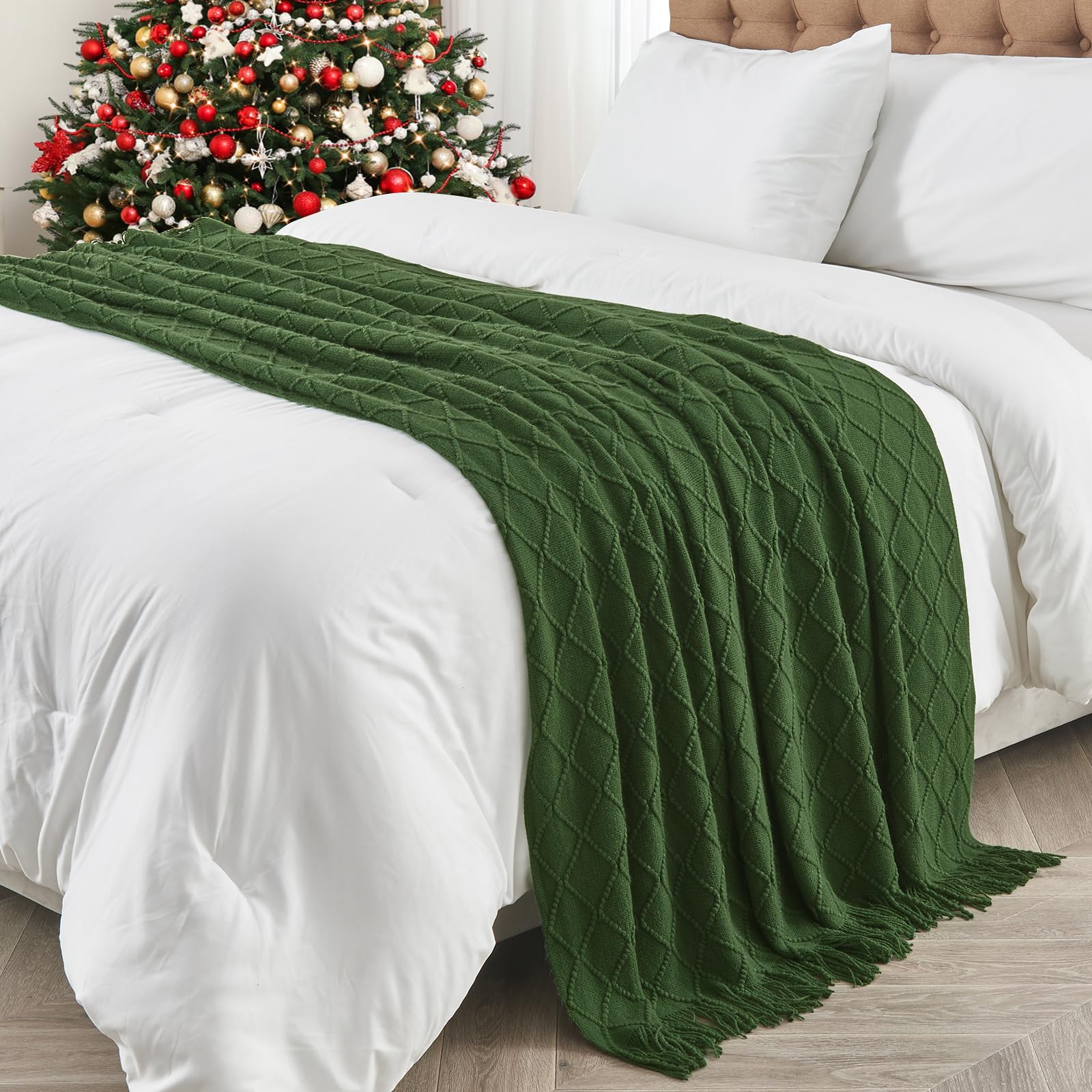 Inhand Knitted Throw Blankets For Couch And Bed, Soft Cozy Knit Blanket With Tassel, Dark Green Lightweight Decorative Blankets