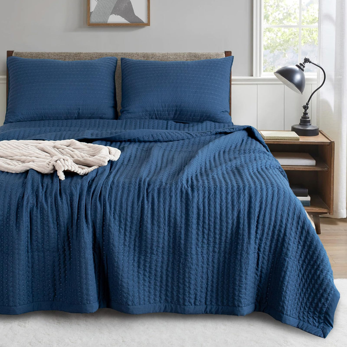 Kasentex Dark Blue Twin Size Quilt Bedding Set With Pillow-Shams, Lightweight Soft Bedspread, Durable Quilted Blanket Thin Comfo