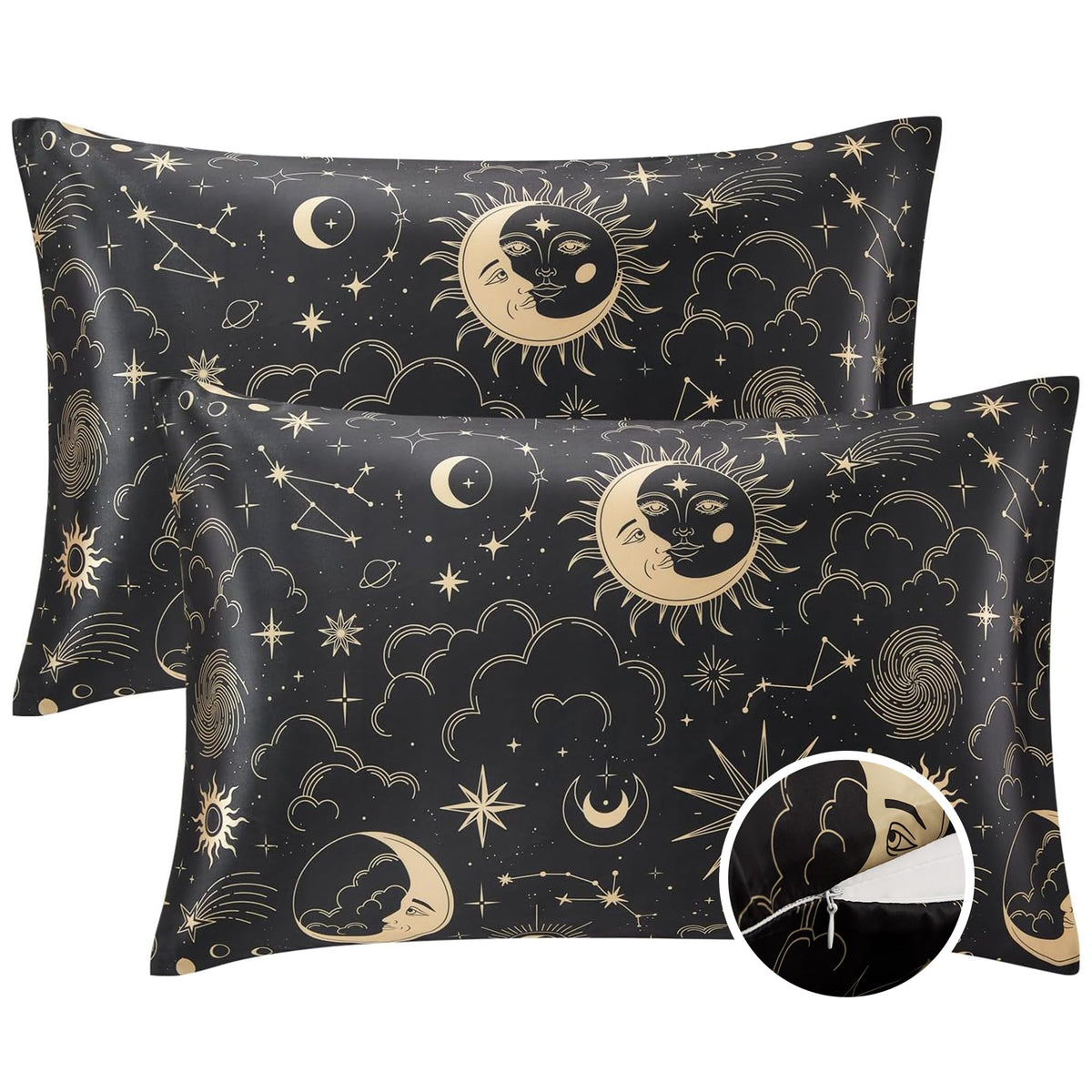 Exq Home Silky Zippered Pillowcase 2 Pack Queen Size- Black Printed Satin Pillowcase 20X30 Inches - Satin Pillow Cases For Hair