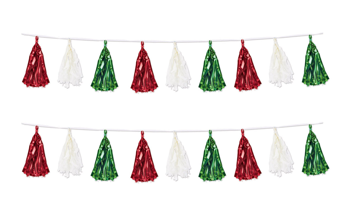 Beistle 2 Piece Metallic & Tissue Tassel Garland, 9.75'' x 8', Red/White/Green