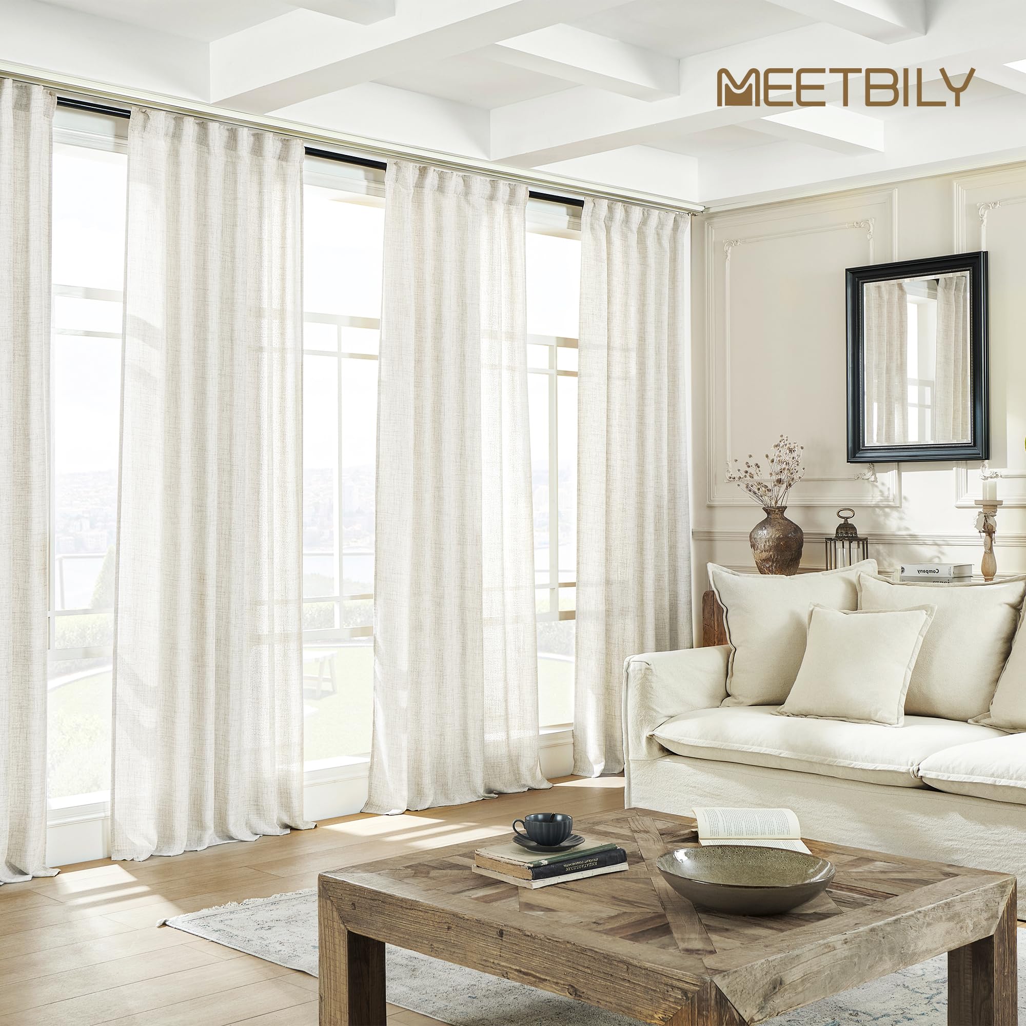 Meetbily Natural Linen Curtains 108 Inches Long For Living Room 2 Panel Set Back Tab Pocket Light Filtering Privacy Semi Sheer F