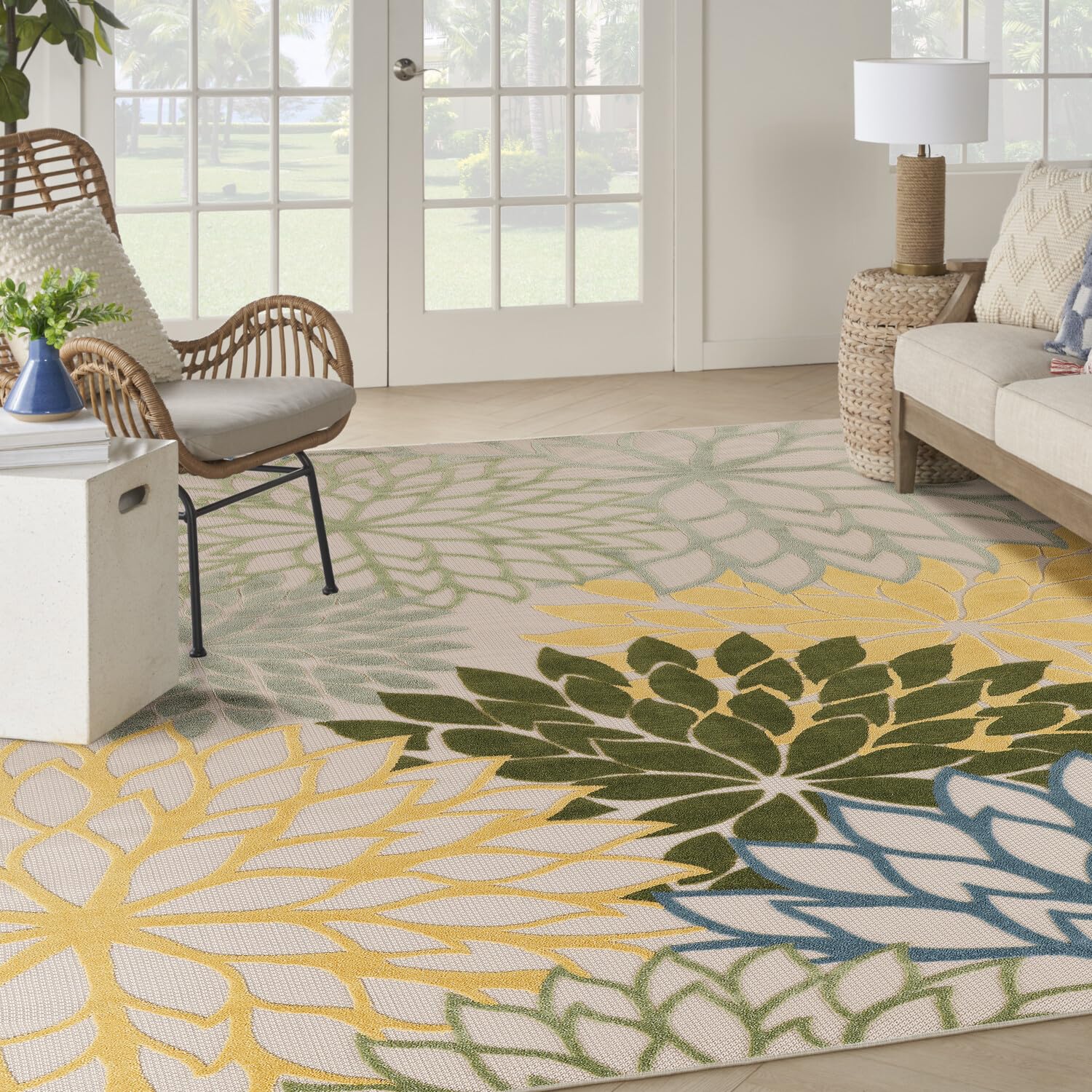 Nourison Aloha Indoor-Outdoor Green Multicolor 10' X 14' Area Rug, Easy Cleaning, Non Shedding, Bed Room, Living Room, Dining Room, Backyard, Patio, Deck (10X14)
