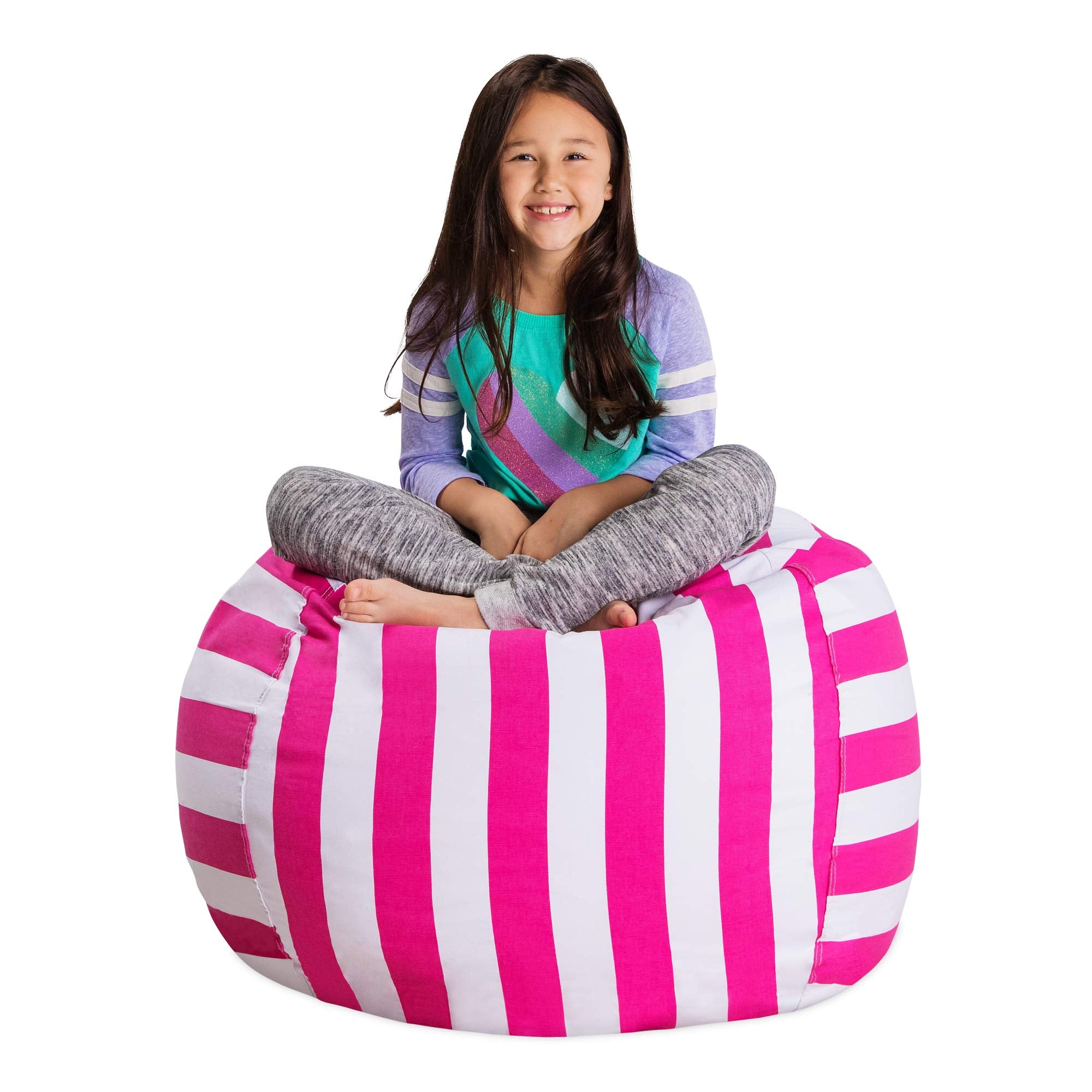 Posh Stuffable Kids Stuffed Animal Storage Bean Bag Chair Cover - Childrens Toy Organizer, Large 38 - Canvas Stripes Pink and Wh