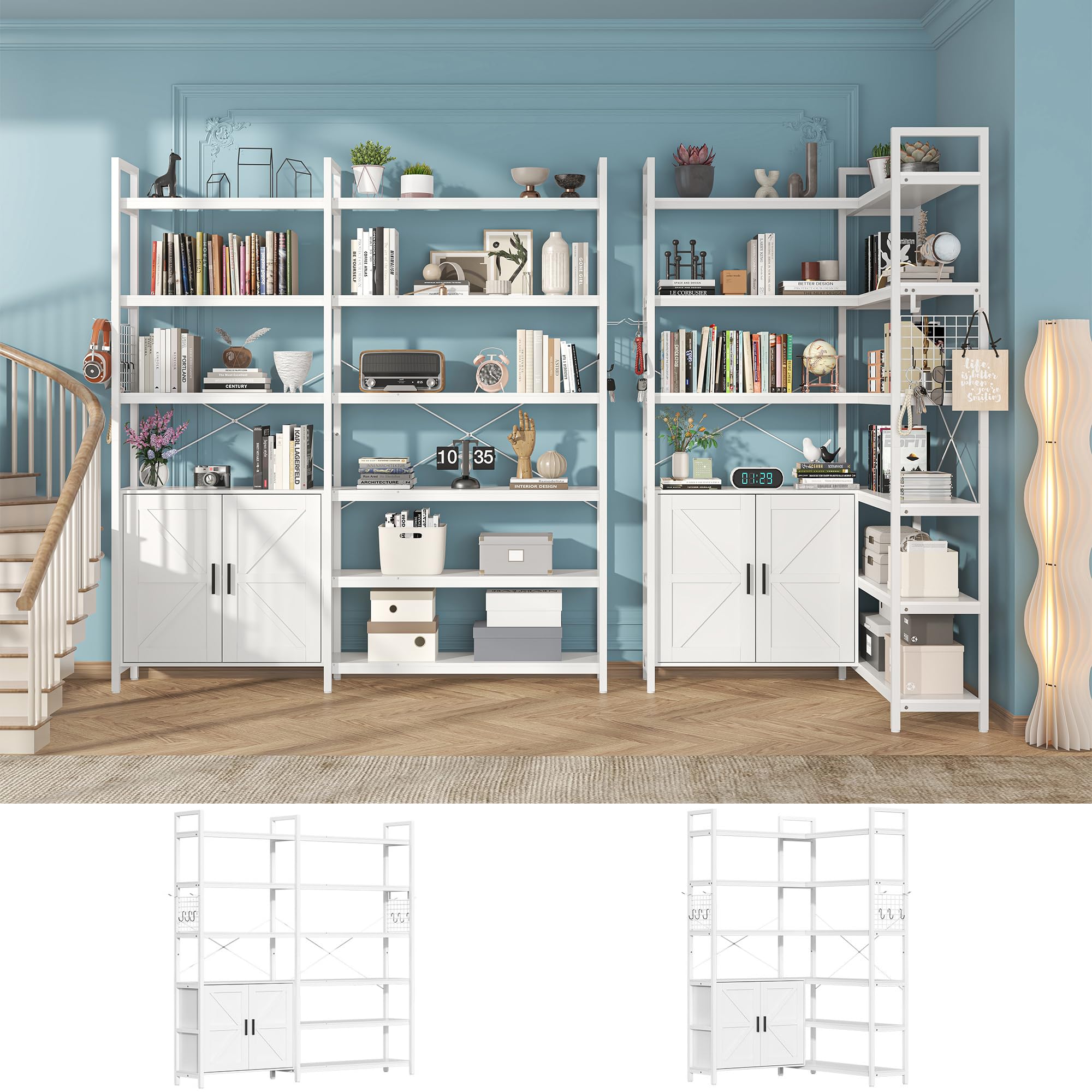 Nosepen 6 Tire Large White L Shaped Bookshelf & Corner Bookcase with Storage Cabinet and 2 Barn Doors and 10 Storage Shelves, 71