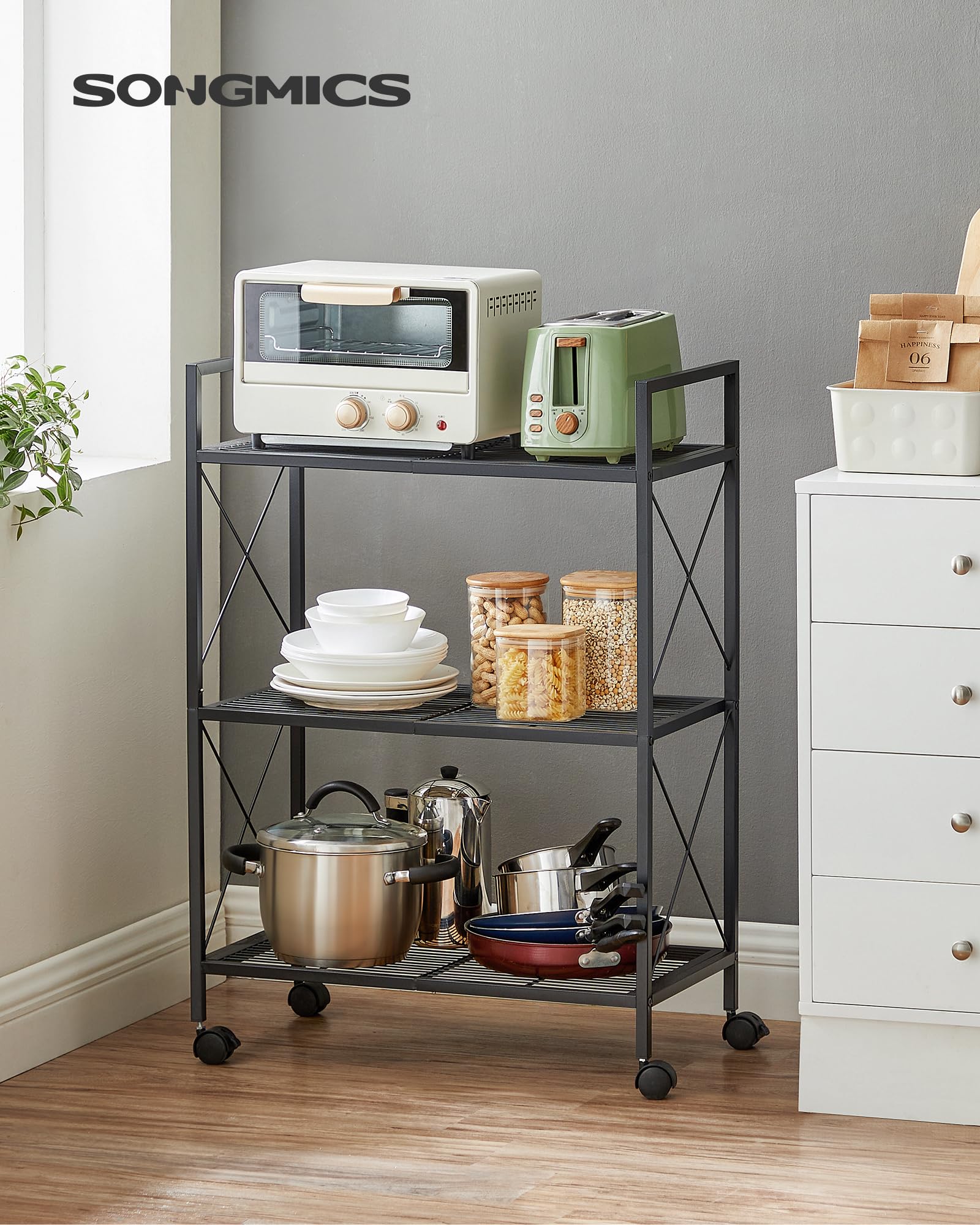Songmics 3-Tier Metal Storage Rack With Wheels, Mesh Shelving Unit With X Side Frames, 23.6-Inch Width, For Entryway, Kitchen, Living Room, Bathroom, Industrial Style, Black Ubsc163B01