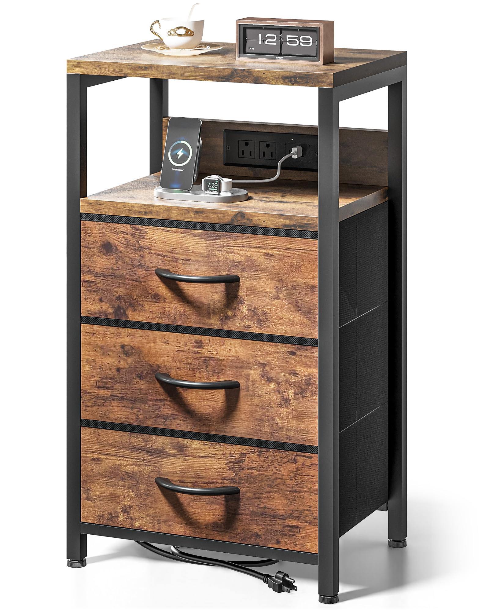 Lazzanto NightStand Bedside Charging Table Bedroom - Night Stand with Charger Station, Modern Nightstand with Open Shelf & 3 Fab