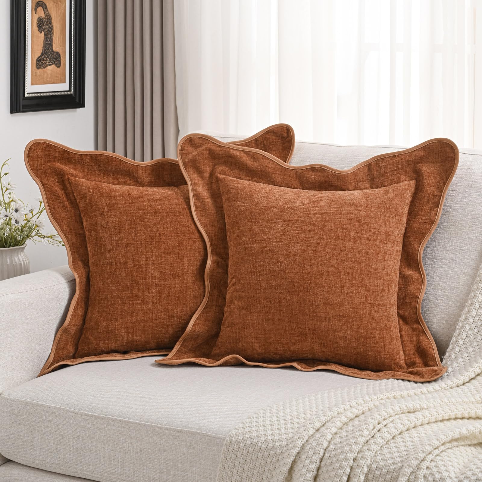 Futei Rust Chenille Throw Pillow Covers 24X24 Inch Set Of 2,Double Stitch Scalloped Bordered Soft Square Cushion Case,Home Decor