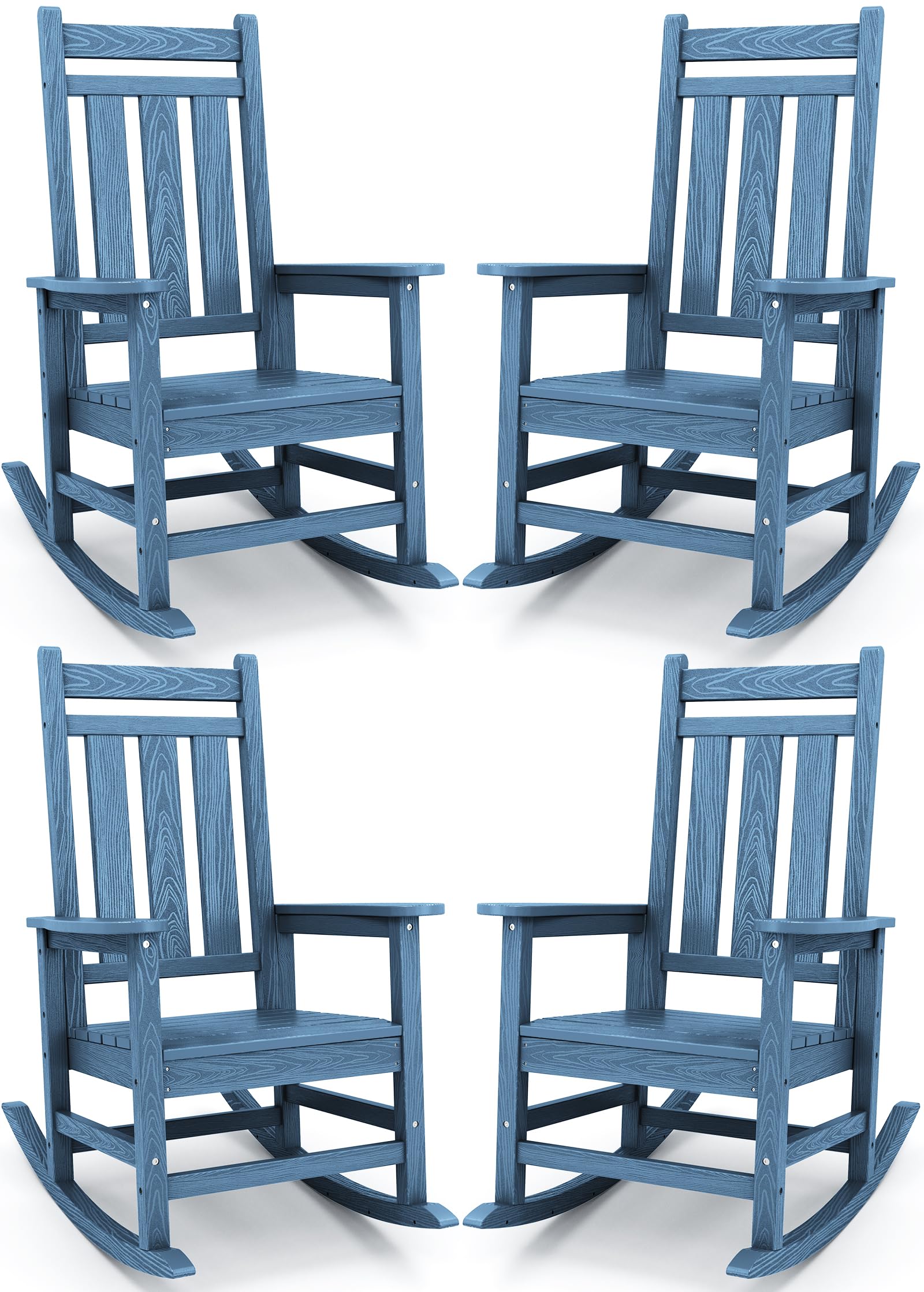 Kingyes Outdoor Patio Rocking Chair Set Of 4, Weather Resistant Oversized Porch Rocker, High Back Outdoor Rocking Chair For Adult, Outdoor Rocker With 330Lbs Support(Plum Rocker)- Blue