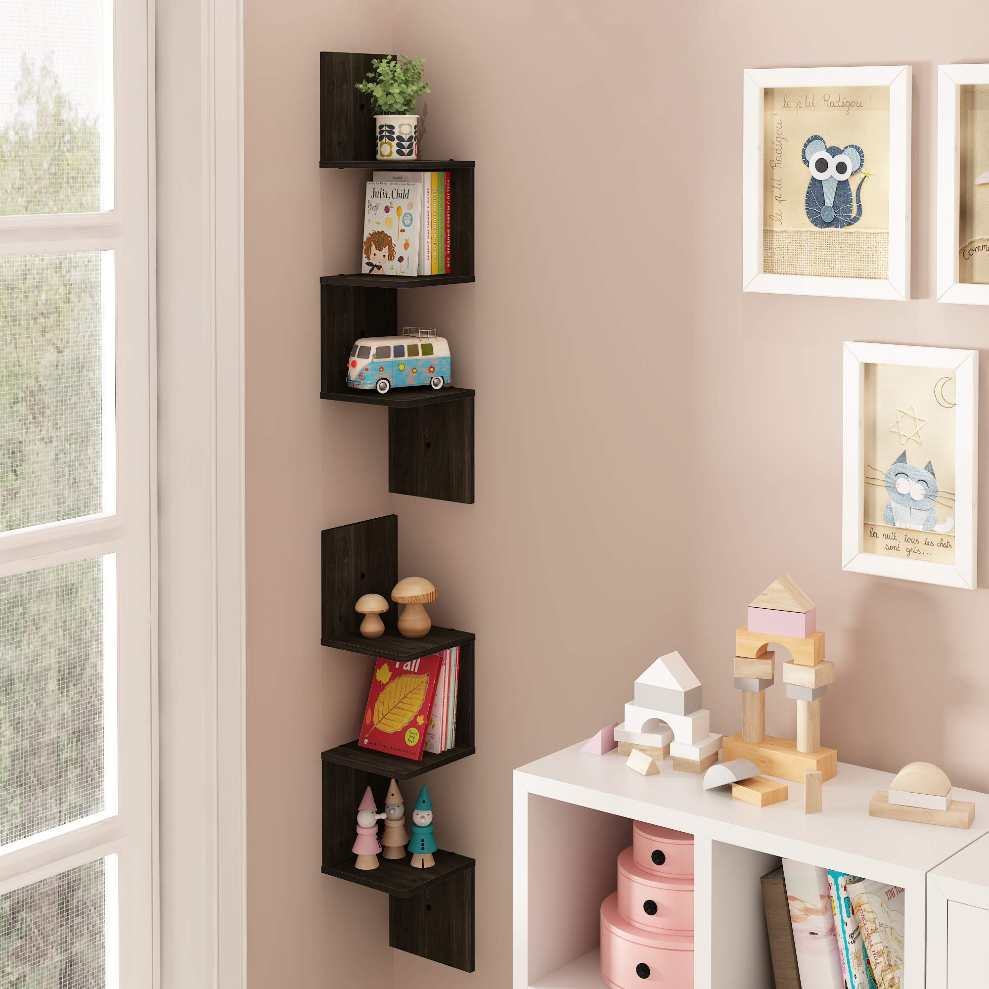 Furinno Rossi Wall Mount Floating Corner Shelf, 3-Tier Square Set Of 2, Espresso