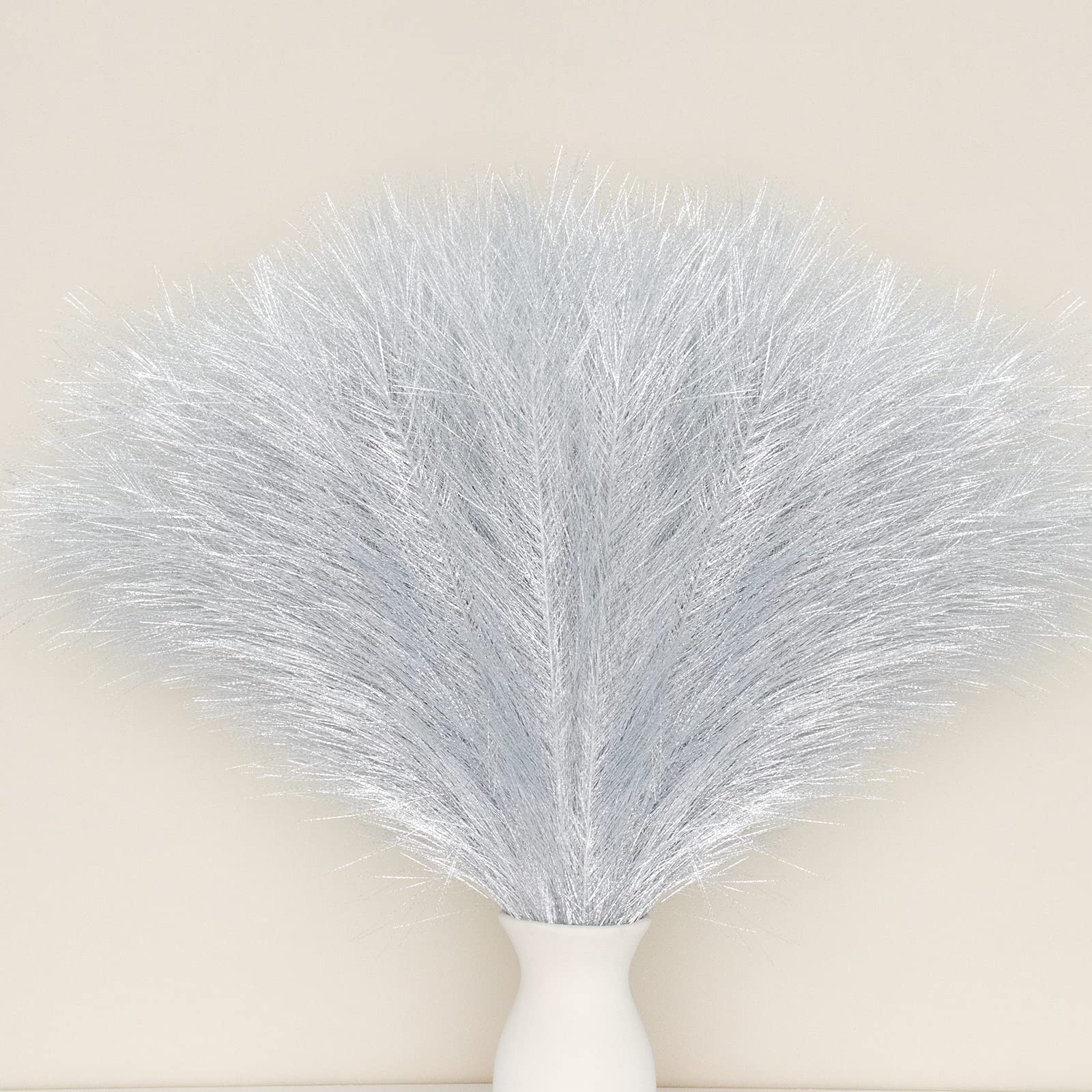 Pusuny Faux Pampas Grass Boho Decor, 5PCS 18 Silver Artificial Pompas for Farmhouse Home Office Wedding Party Decoration, 9 Fluf