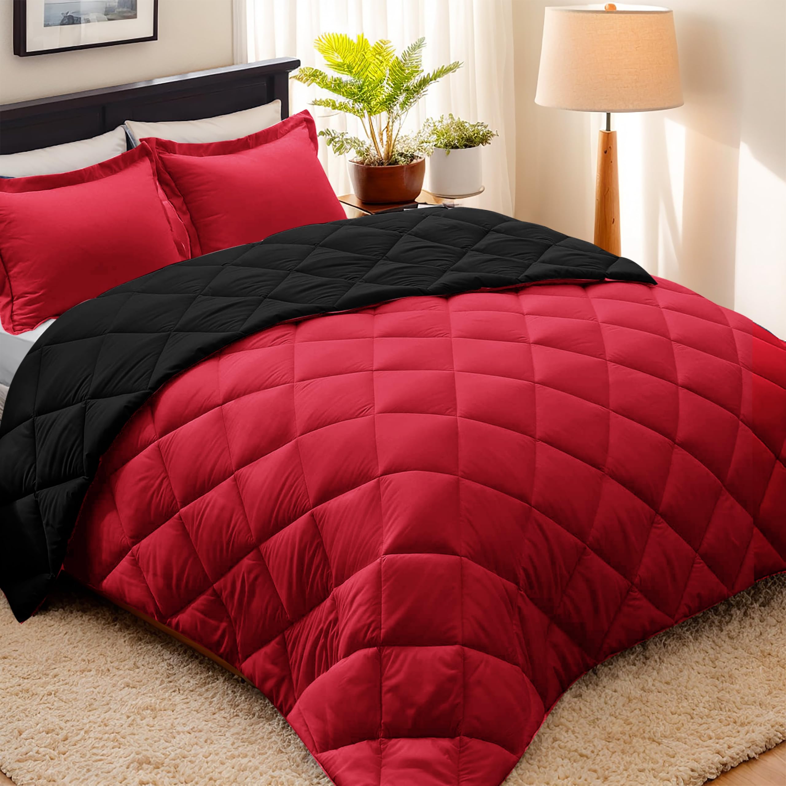 Hig 3Pc Red Queen Size Comforter Set-All Season Reversible Down Alternative Comforter With Two Shams -Quilted Duvet Insert With