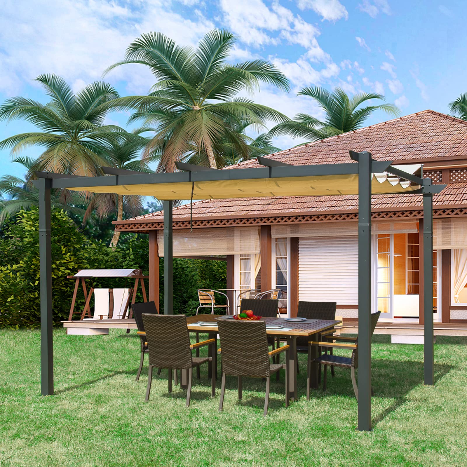 Domi 9X13Ft Pergola, Outdoor Retractable Pergola With Weather-Resistant Sun Shade Canopy, Aluminum Pergola Gazebo For Bbq, Party