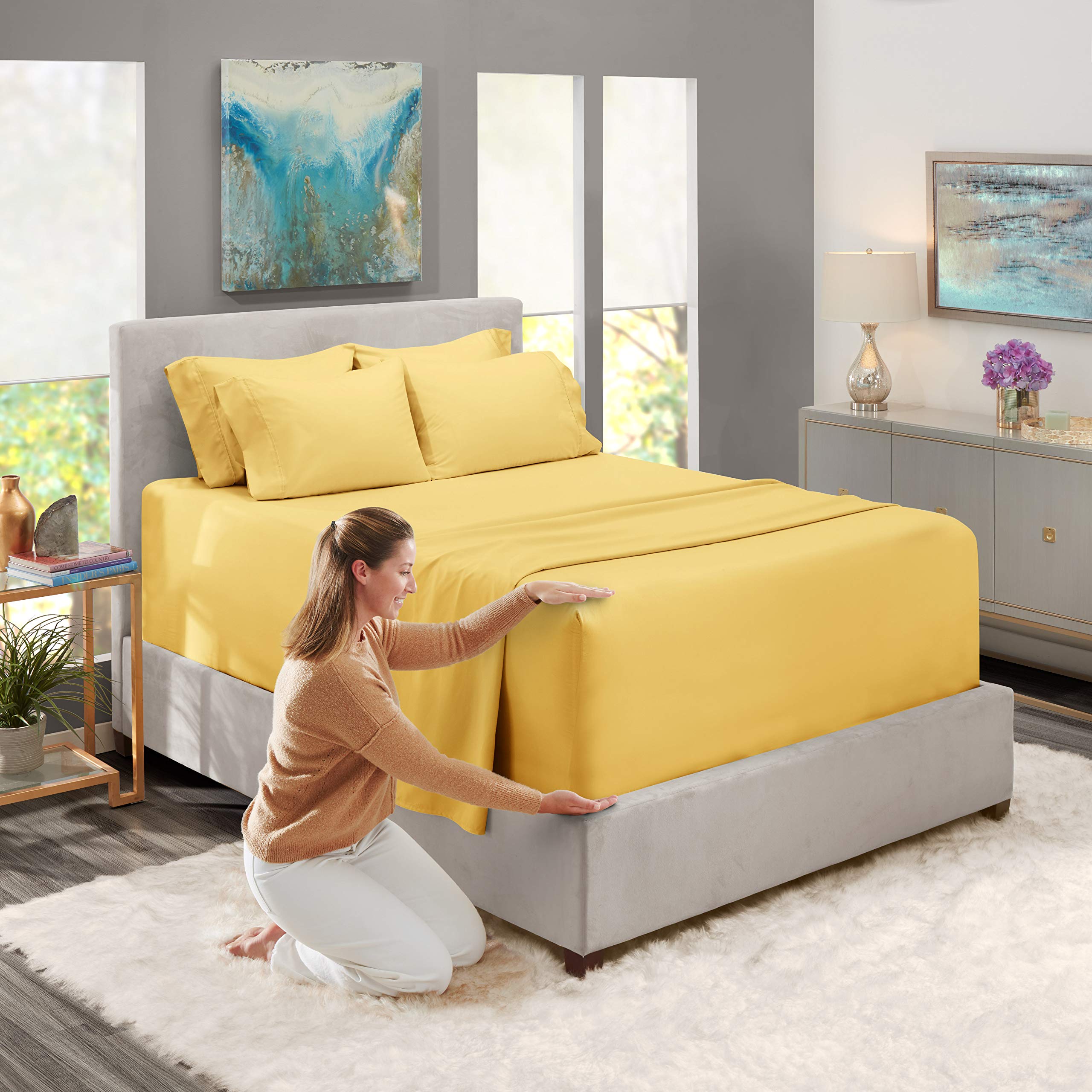 Nestl Extra Deep Pocket Split King Sheet Set - 7 Pc Soft Microfiber Split King Sheet Sets Deep Pocket - Fade Resistant Bedding Sheets & Pillowcases - Split King, Custard Mallow Yellow