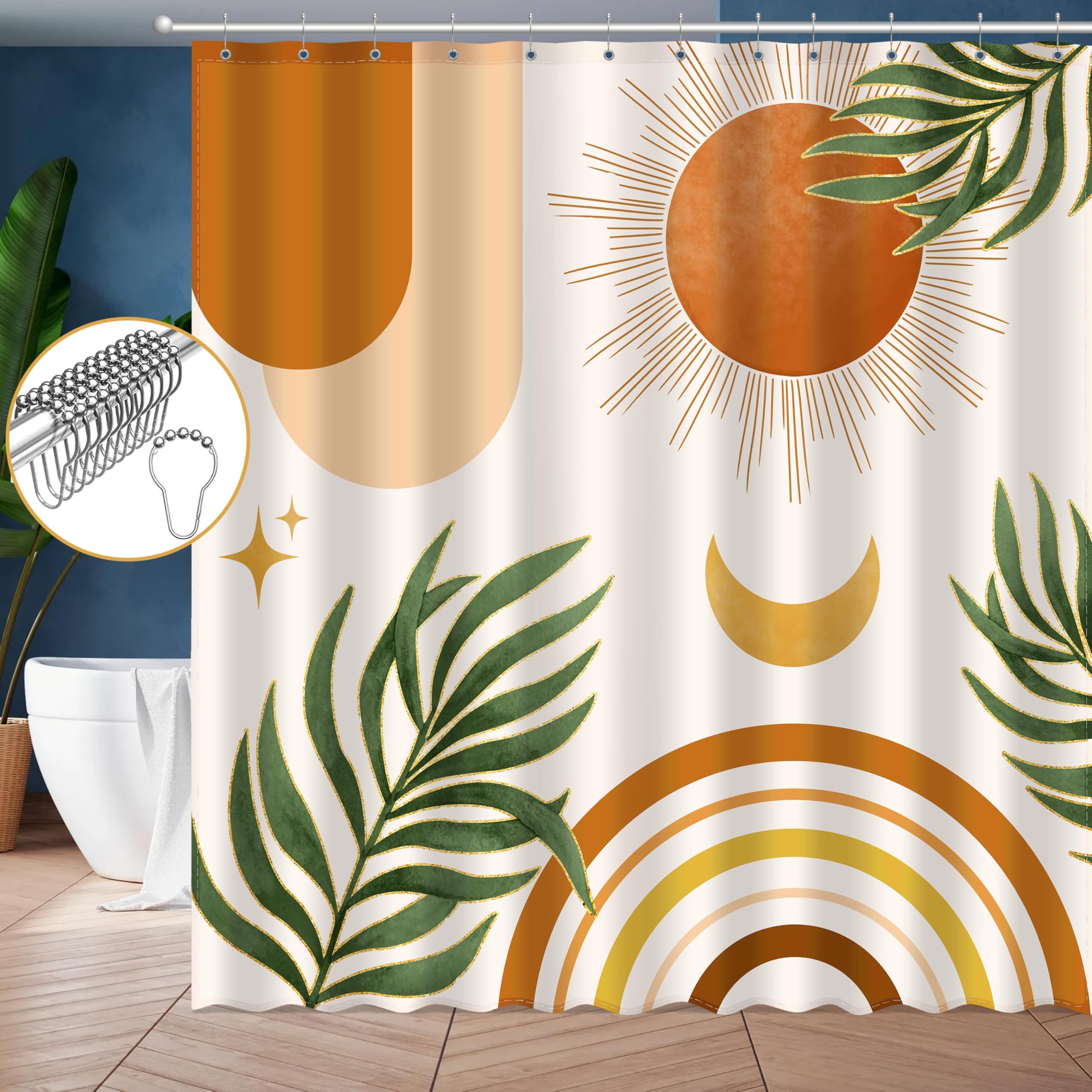 Jwxcbim Boho Mid Century Shower Curtain, Bohemian Orange Minimalist Simple Aesthetic Modern Bathroom Decor, Spring Summer Colorf