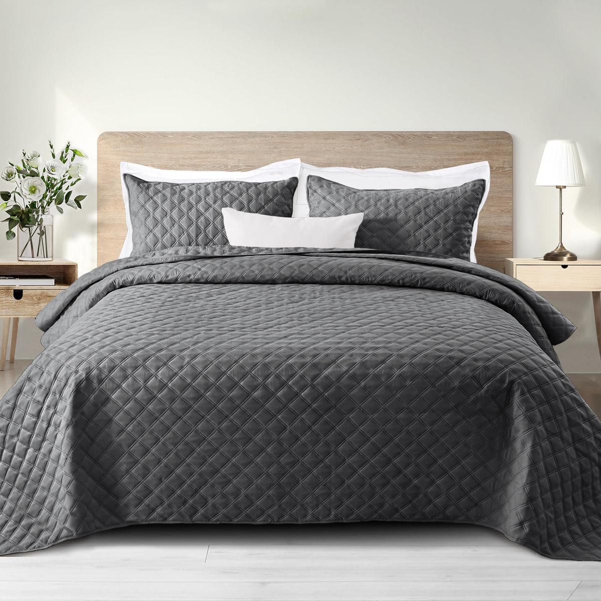 Exclusivo Mezcla Soft Quilt Set King Size, 3 Pieces Lightweight Quilts Grey Bedspreads Coverlets Bedding Set For All Seasons, Gr