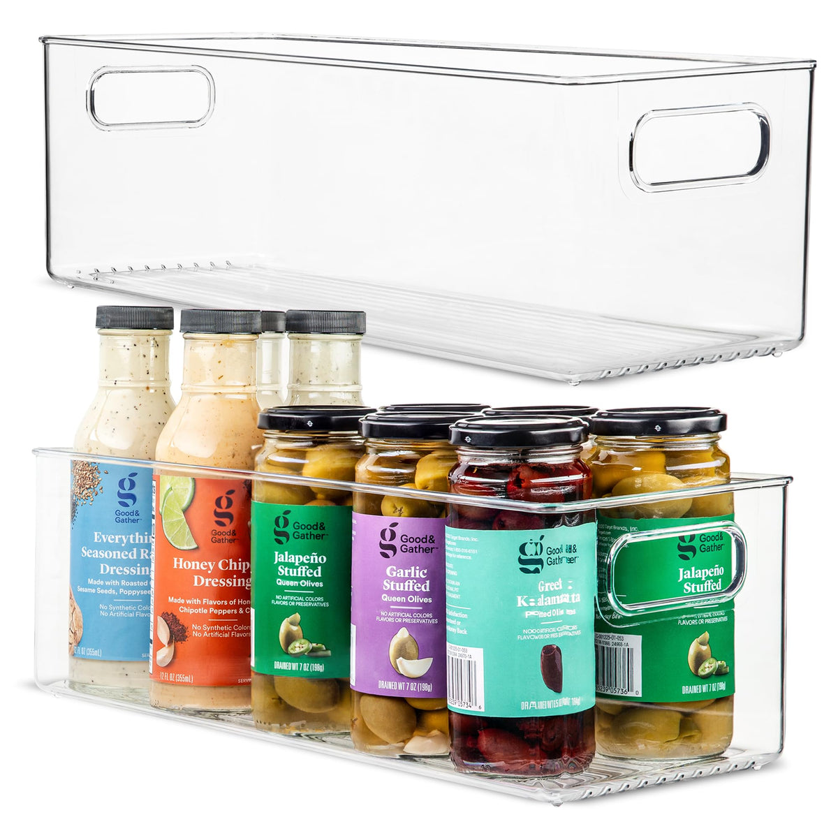 Plastic Food Storage 2 Pack Clear Container Bin With Handles For Organizing Kitchen, Pantry, Fridge, Freezer, Pantry, Bathroom.