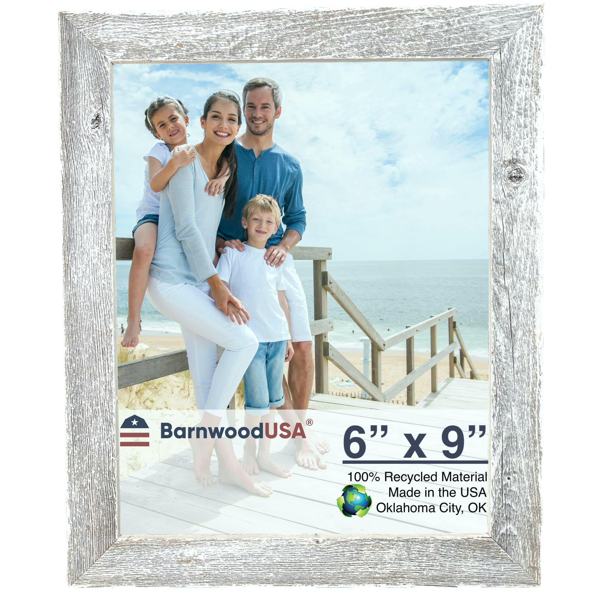 BARNWOODUSA | Farmhouse 6x9 Picture Frame | 1 1/2 inch Molding | 100% Reclaimed Wood | Rustic | White Wash