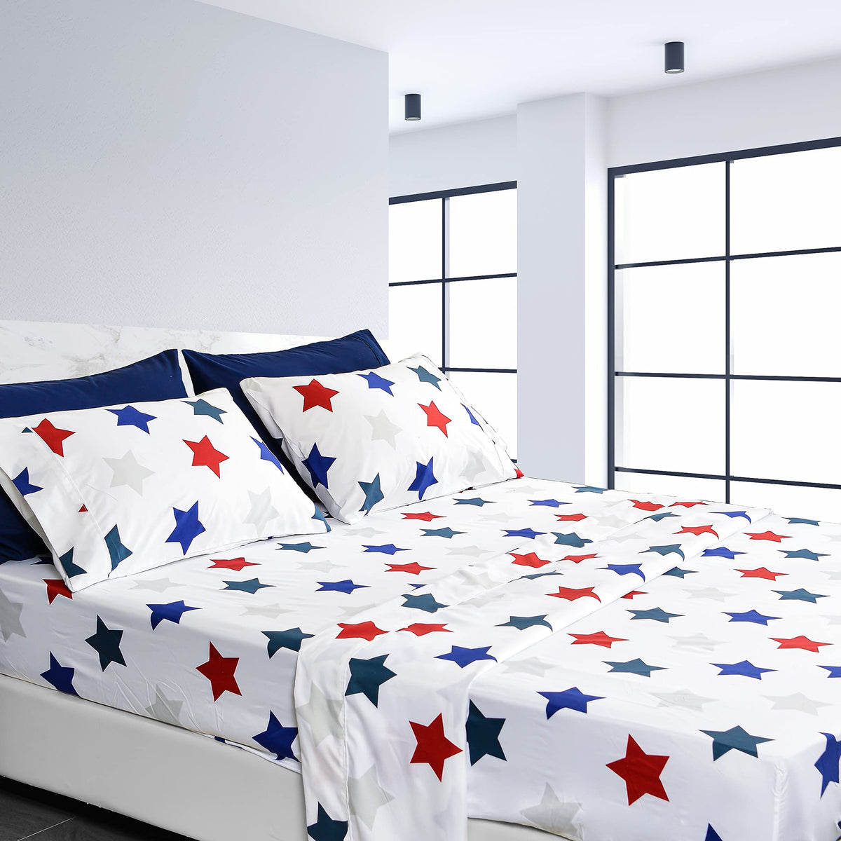 American Home Collection 6 Pieces Printed Bed Sheet Set Brushed Microfiber Wrinkle Free 14 Inches Deep Pocket Star Patterned She
